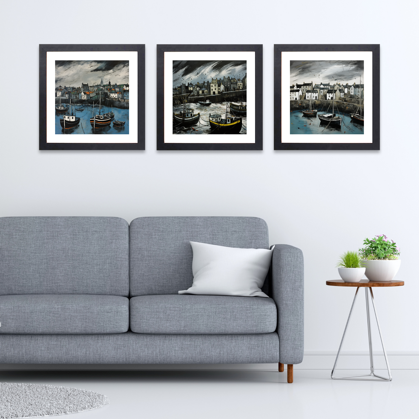 Black frame variant of Portsoy Harbour with a stormy sky