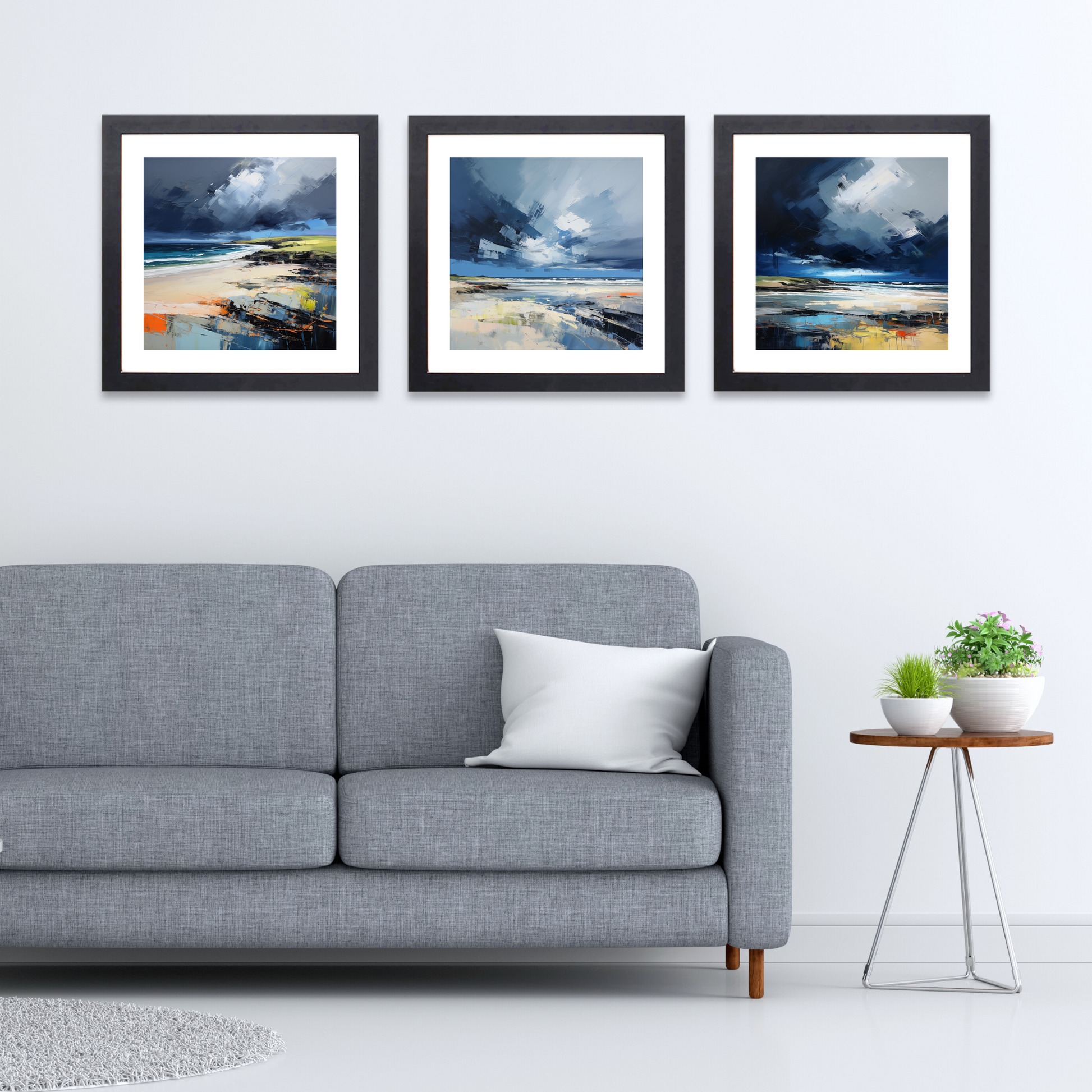 Black frame variant of St Cyrus Beach with a stormy sky