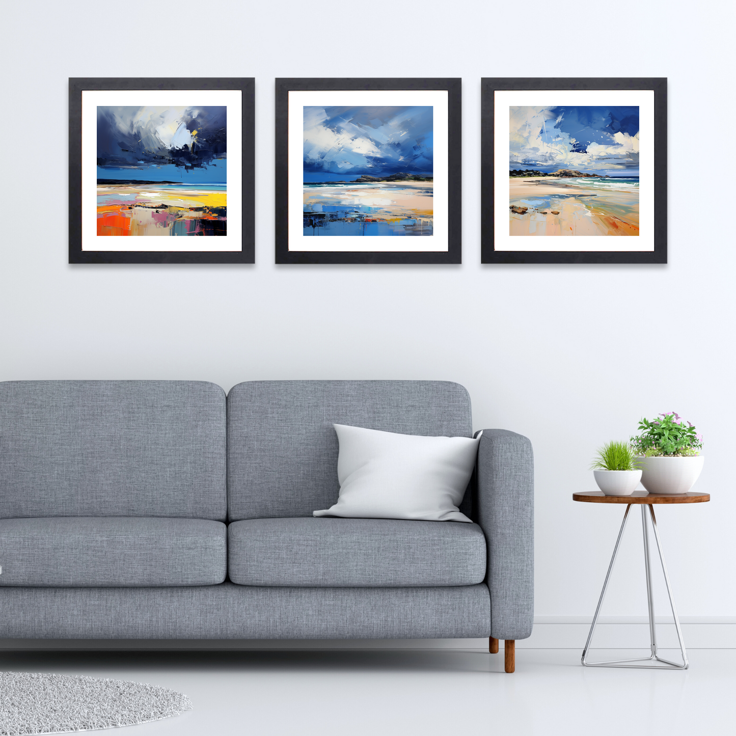 Black frame variant of West Sands with a stormy sky