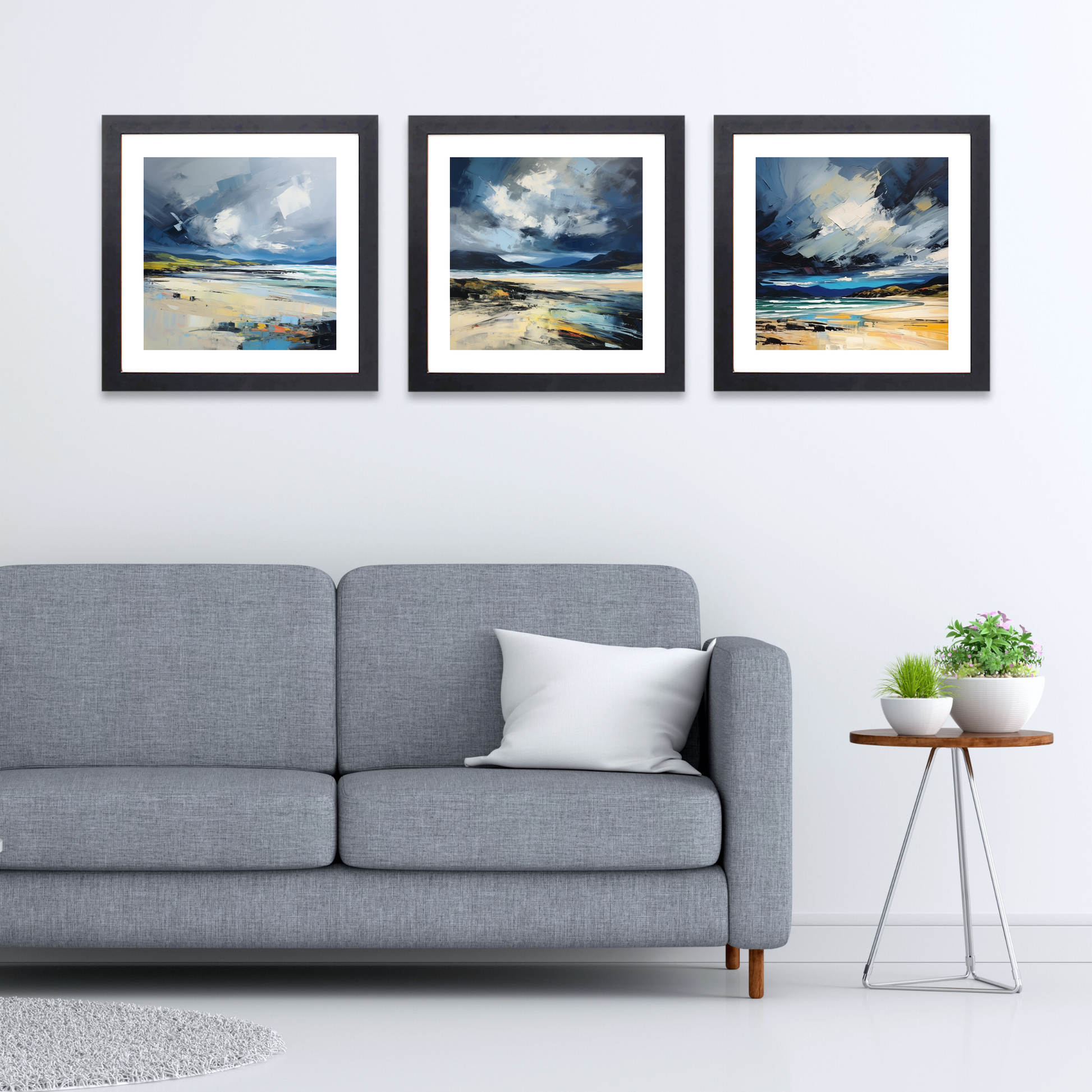 Black frame variant of Scarista Beach with a stormy sky