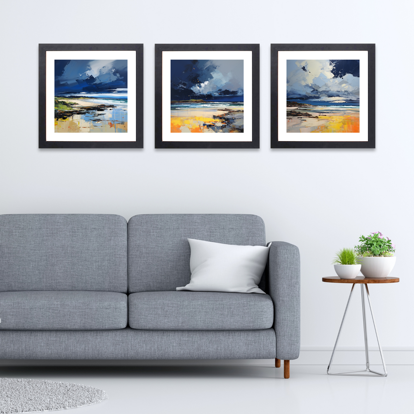 Black frame variant of West Sands with a stormy sky