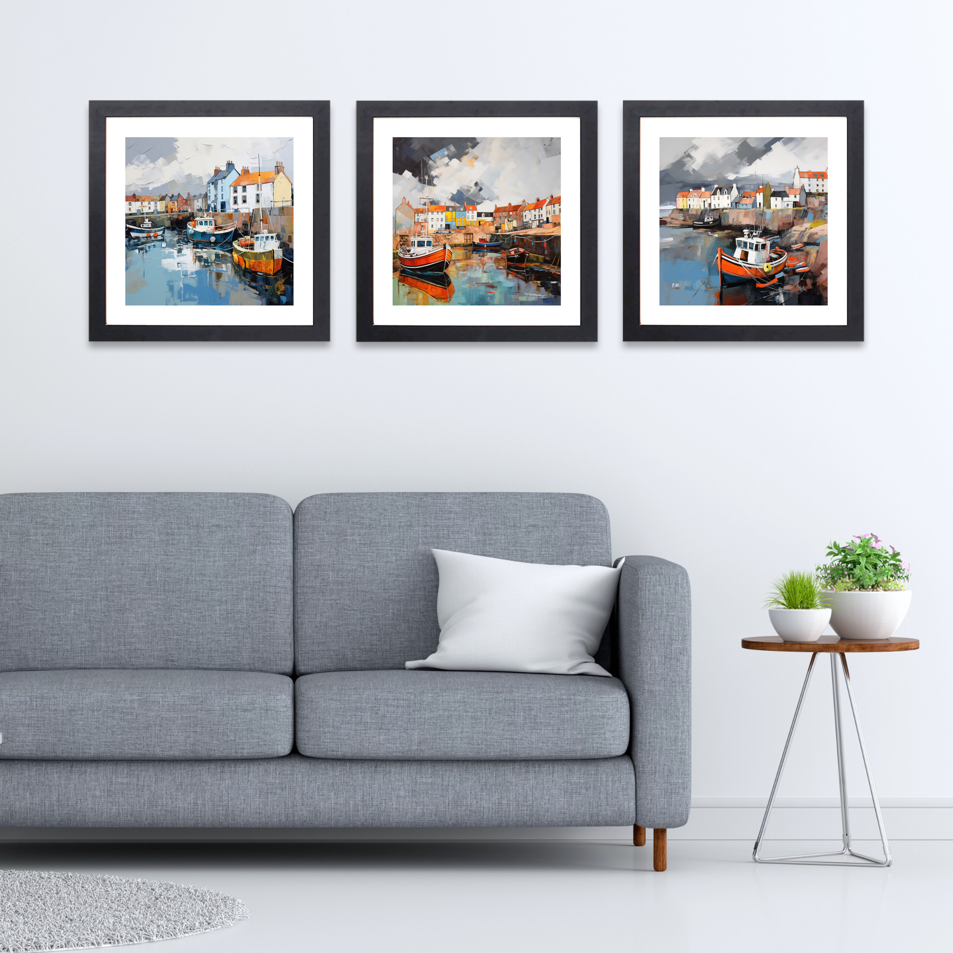 Black frame variant of St Monans Harbour with a stormy sky