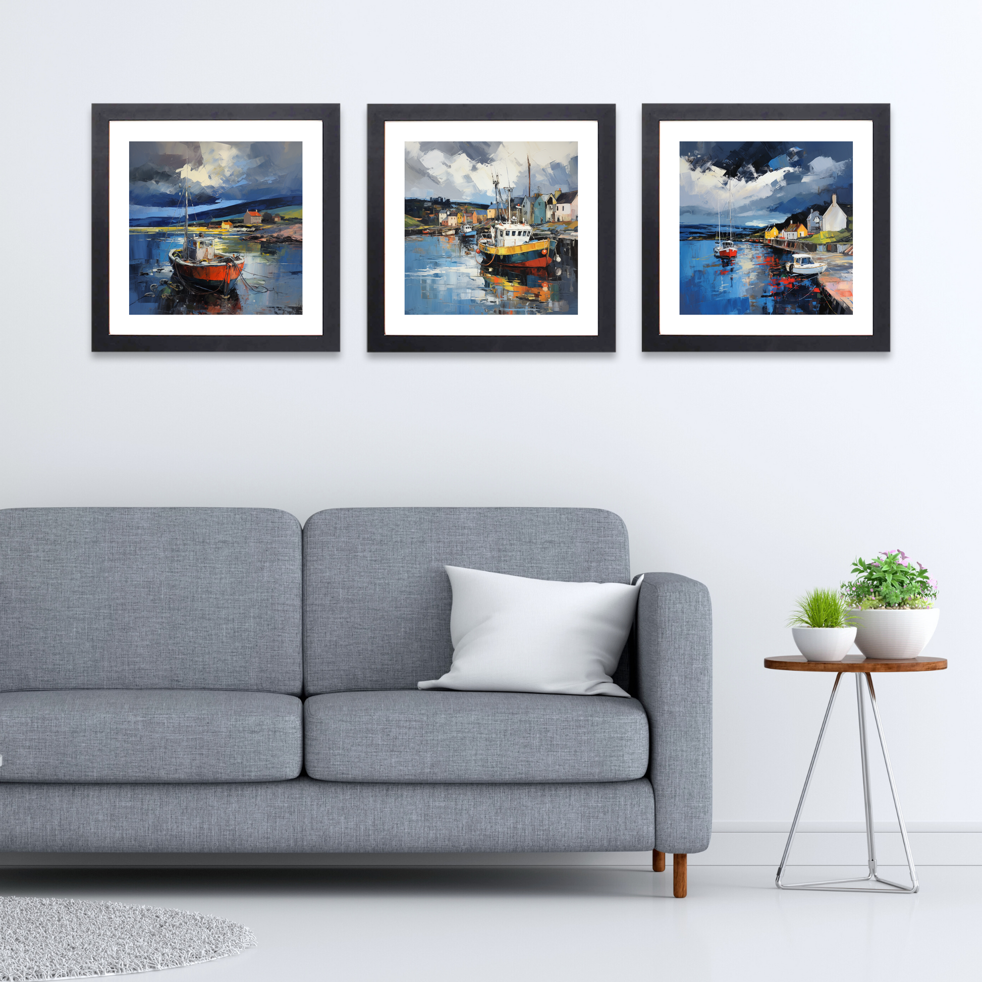 Black frame variant of Cromarty Harbour with a stormy sky