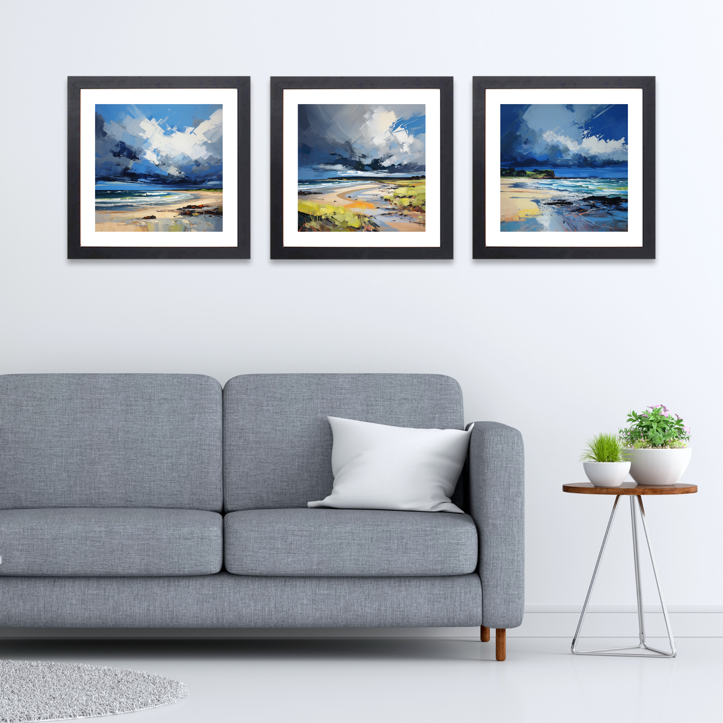 Black frame variant of Gullane Beach with a stormy sky