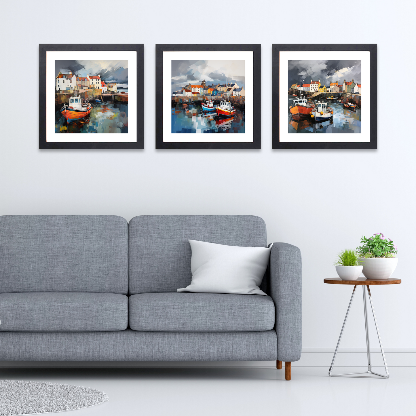 Black frame variant of Pittenweem Harbour with a stormy sky