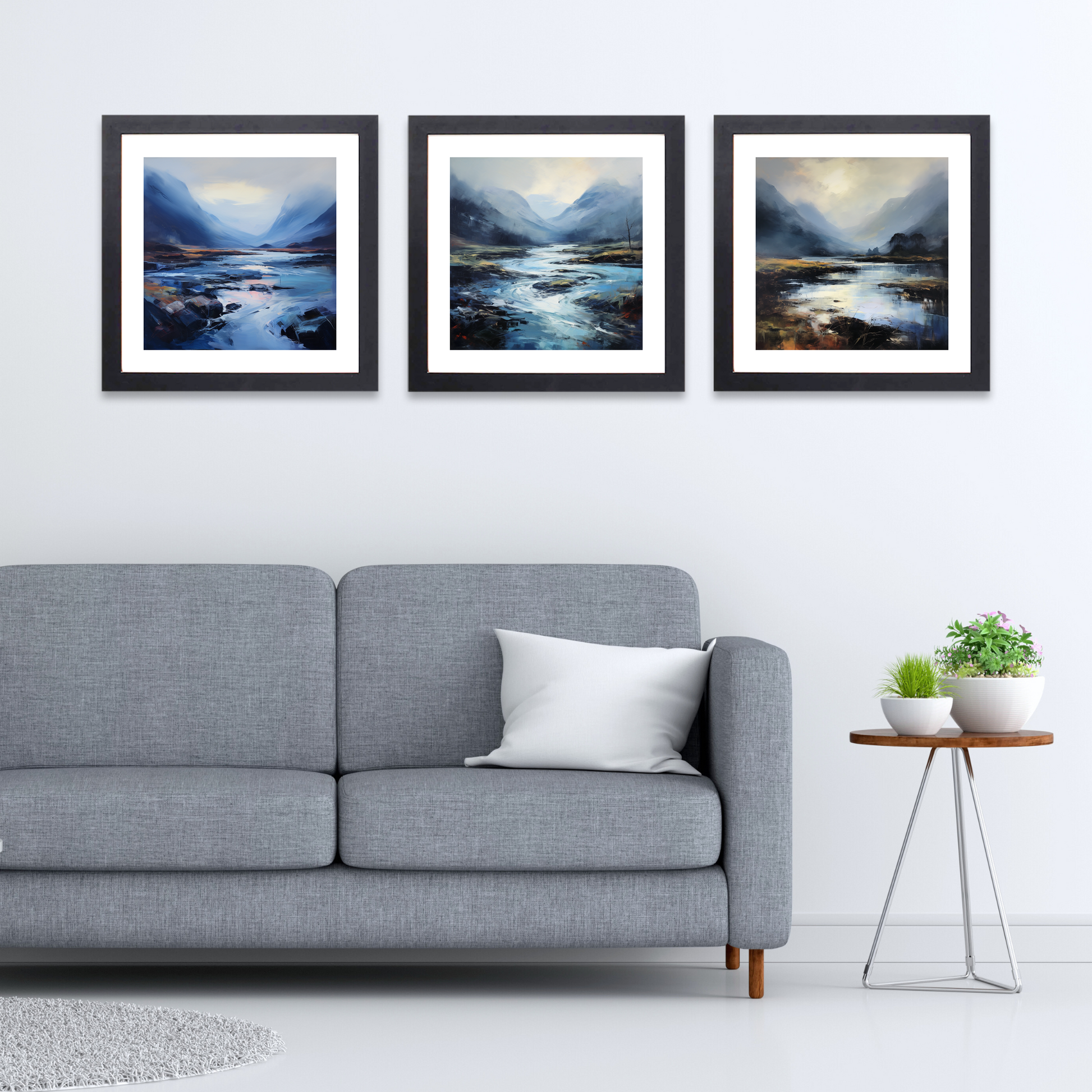 Black frame variant of Mist over river at dawn in Glencoe