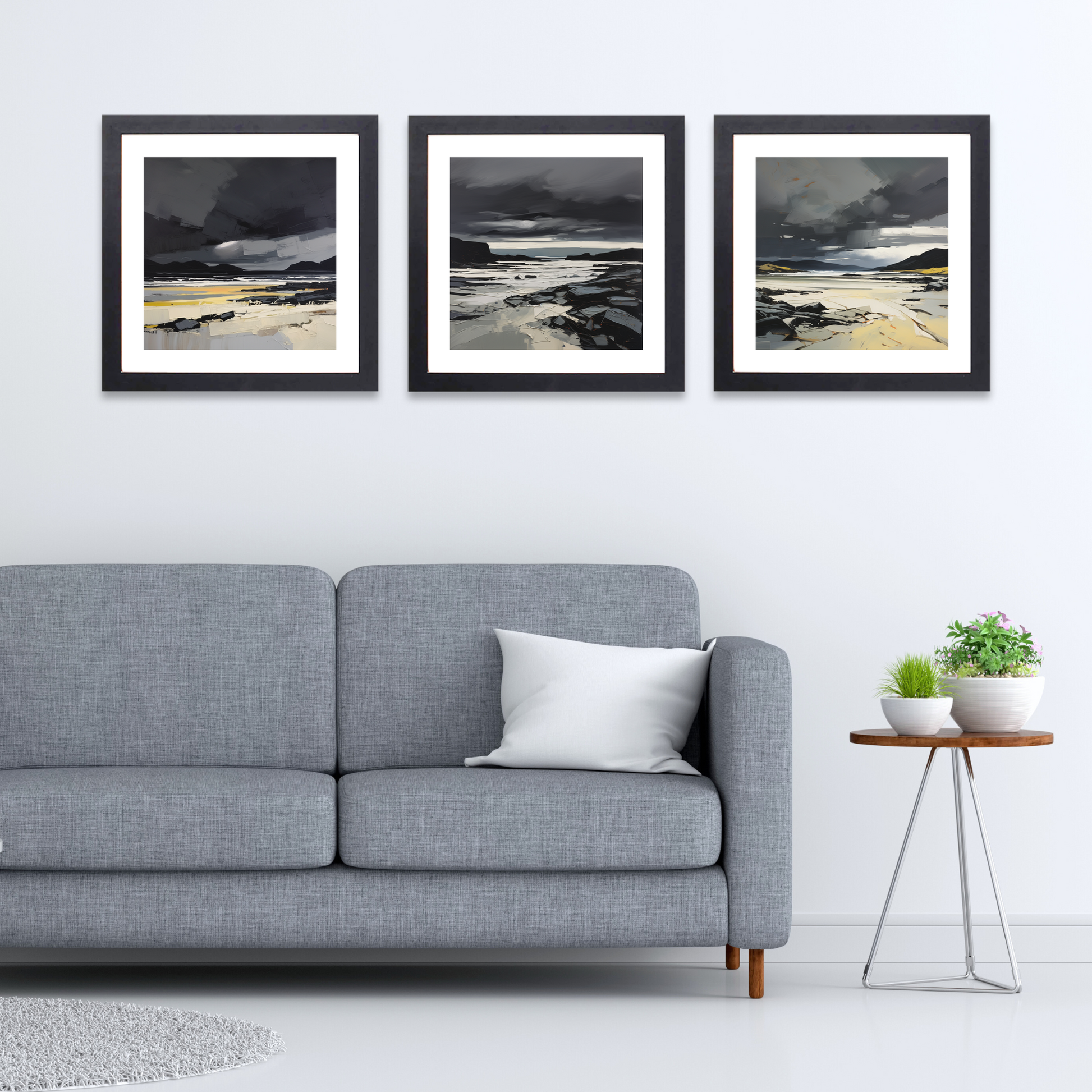 Black frame variant of Scarista Beach with a stormy sky