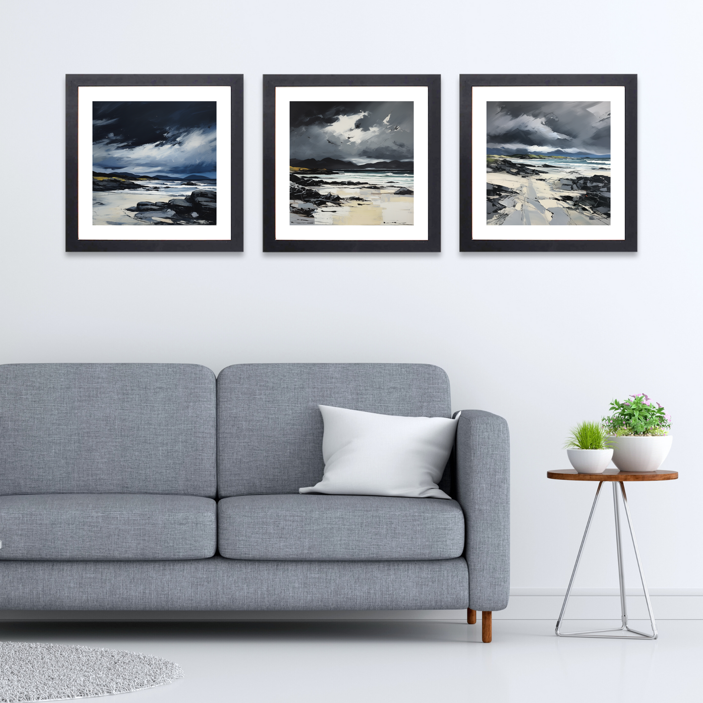 Black frame variant of Camusdarach Beach with a stormy sky