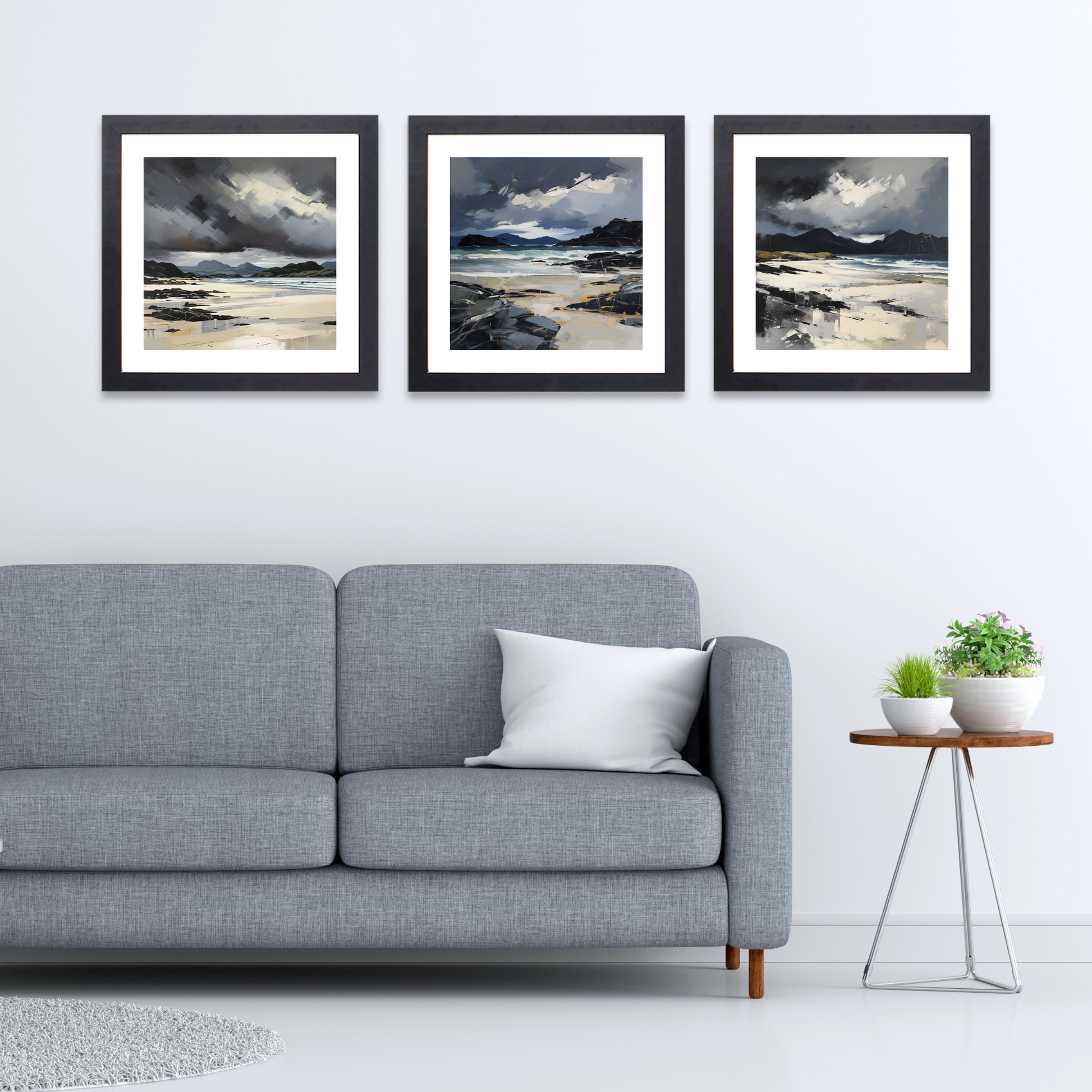 Black frame variant of Mellon Udrigle Beach with a stormy sky