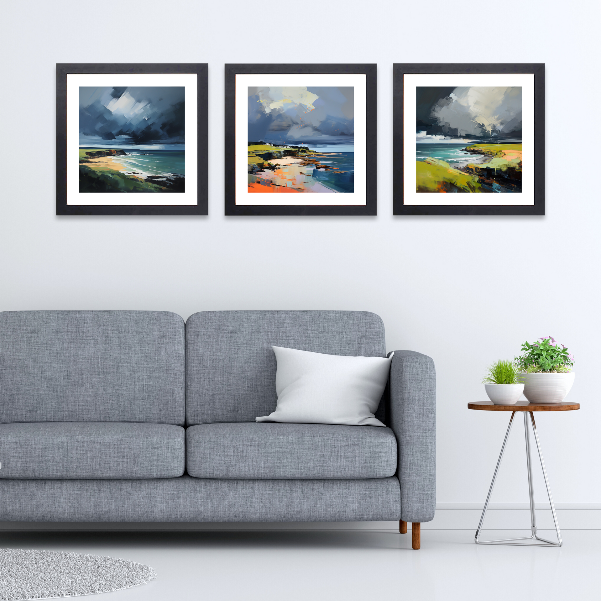 Black frame variant of Coldingham Bay with a stormy sky