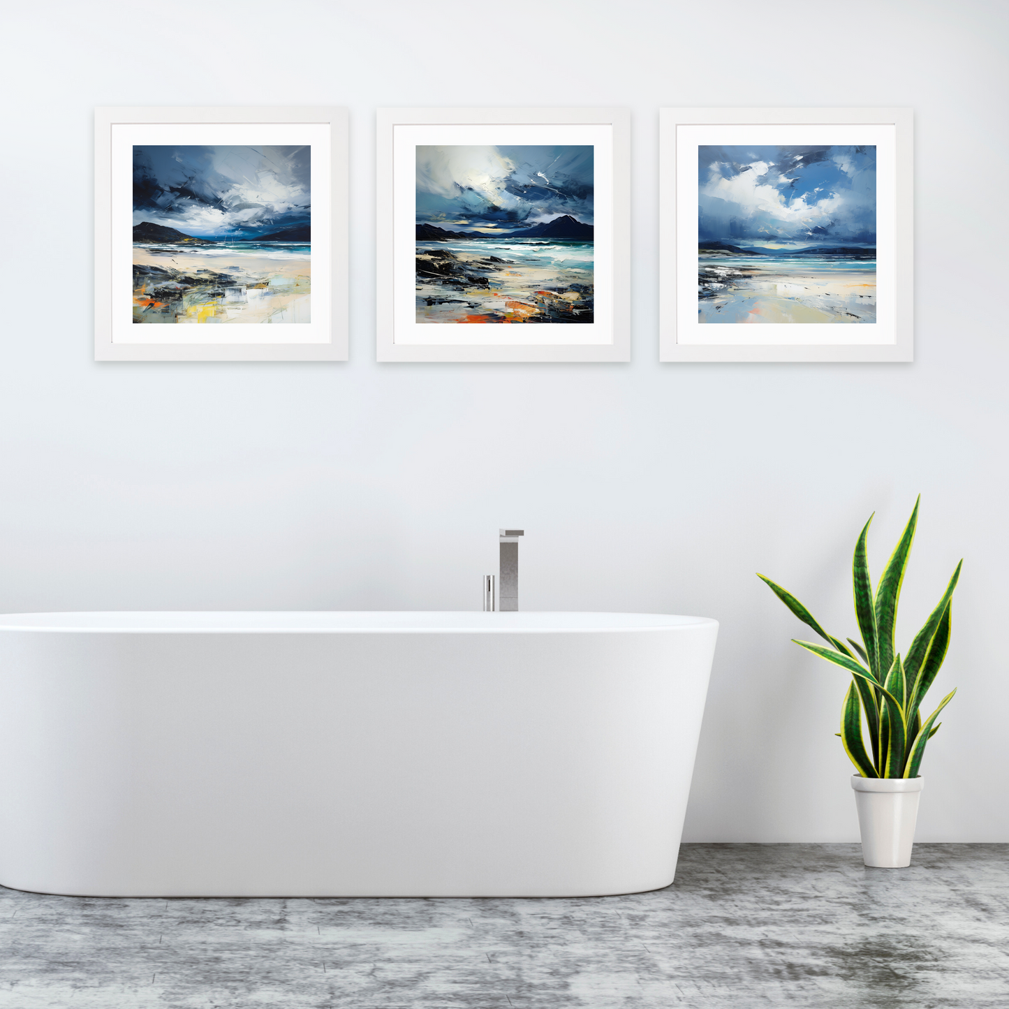 White frame variant of Camusdarach Beach with a stormy sky