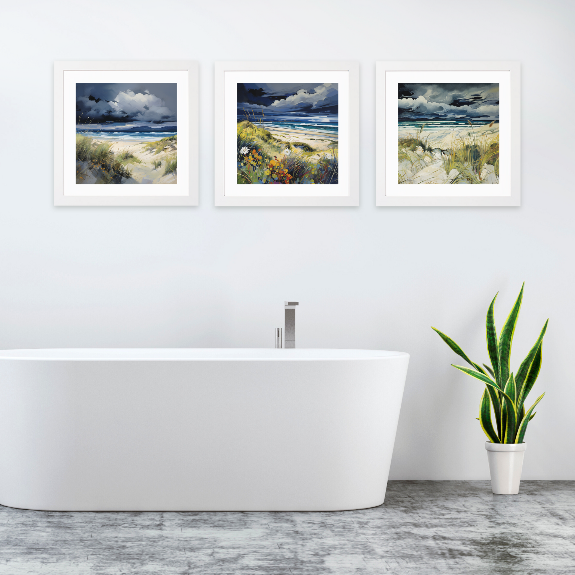 White frame variant of Camusdarach Beach with a stormy sky