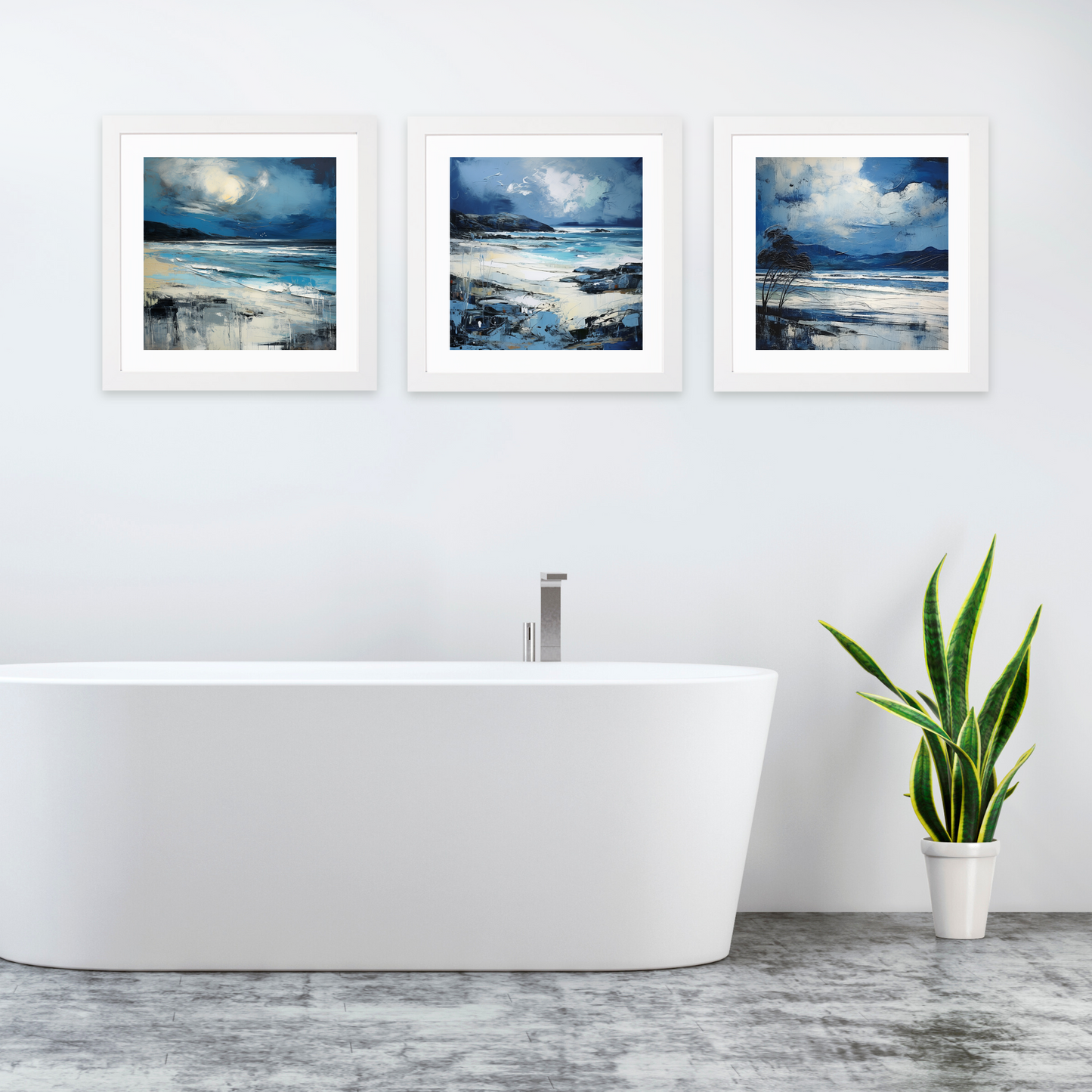 White frame variant of Camusdarach Beach with a stormy sky