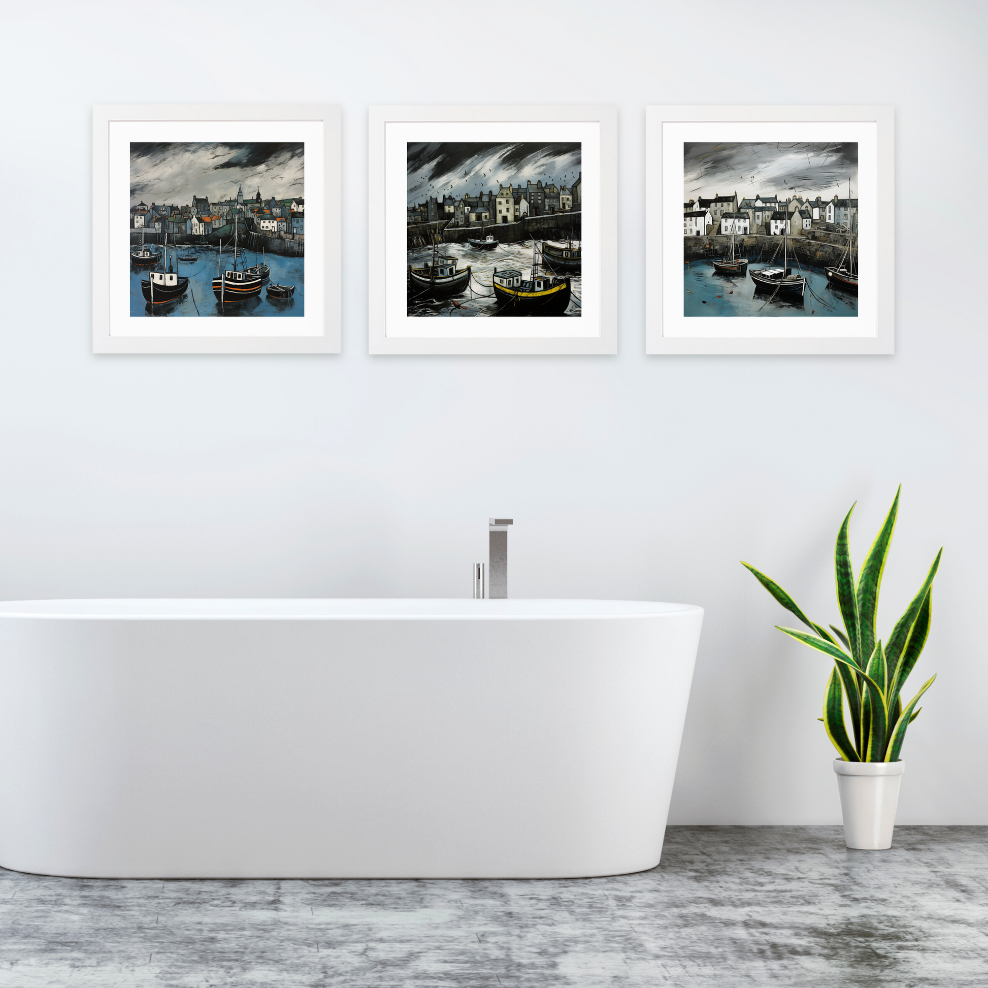 White frame variant of Portsoy Harbour with a stormy sky