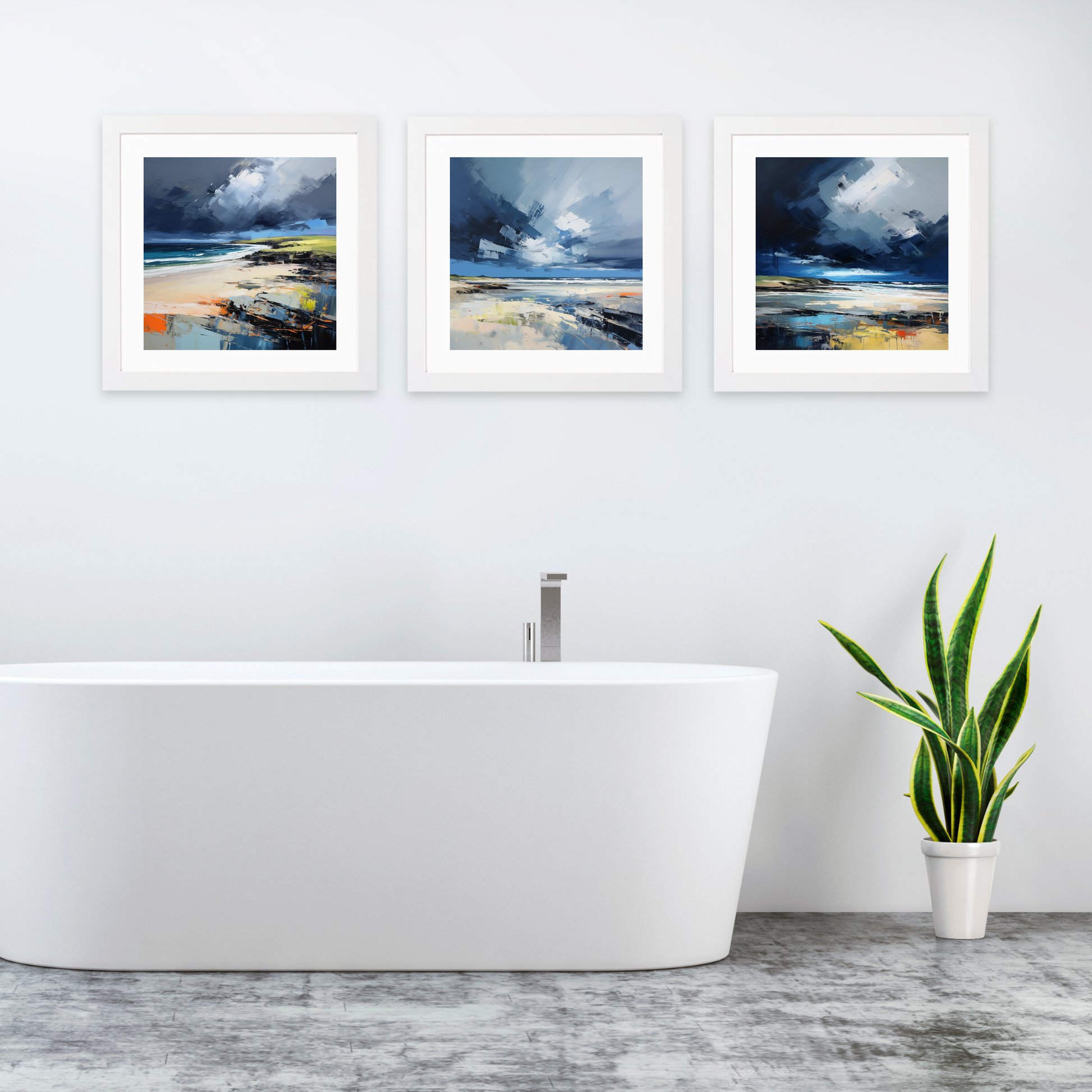 White frame variant of St Cyrus Beach with a stormy sky