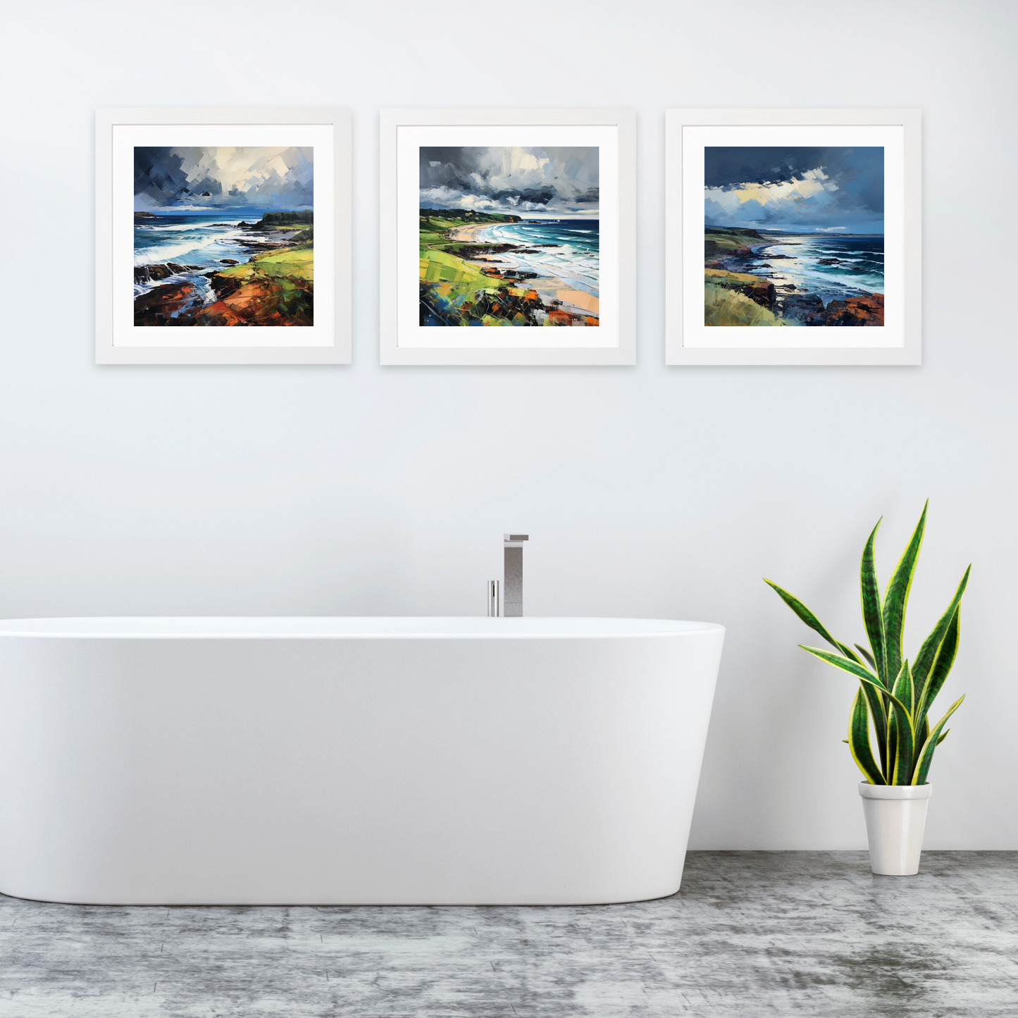 White frame variant of Coldingham Bay with a stormy sky