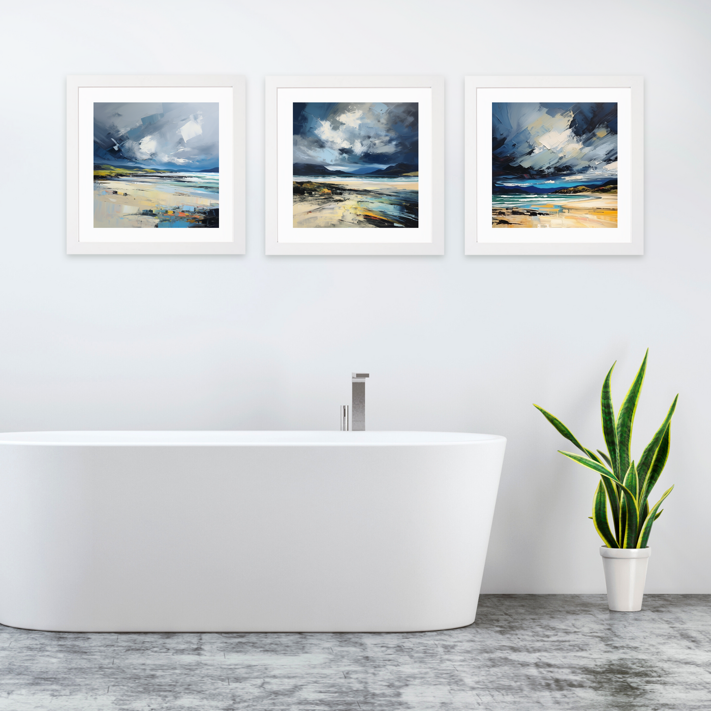 White frame variant of Scarista Beach with a stormy sky