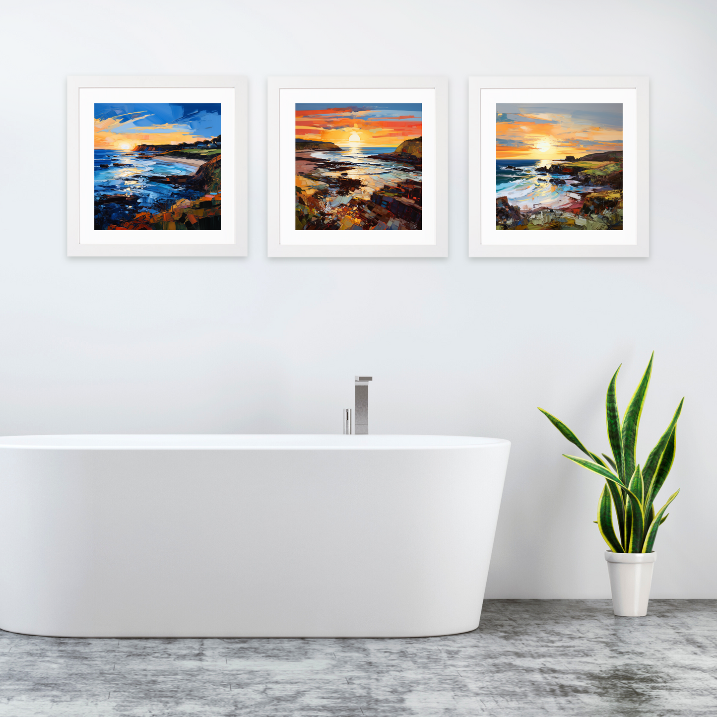 White frame variant of Coldingham Bay at golden hour