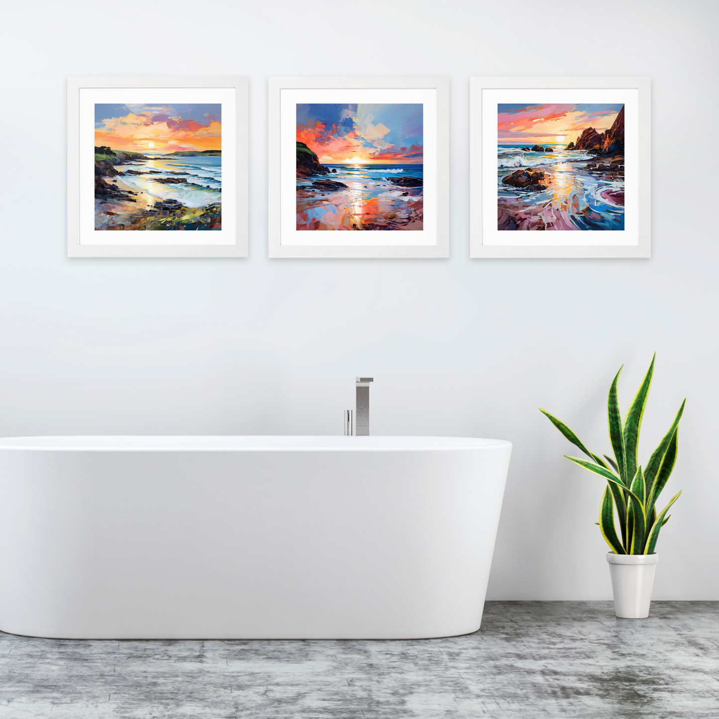 White frame variant of Coldingham Bay at sunset