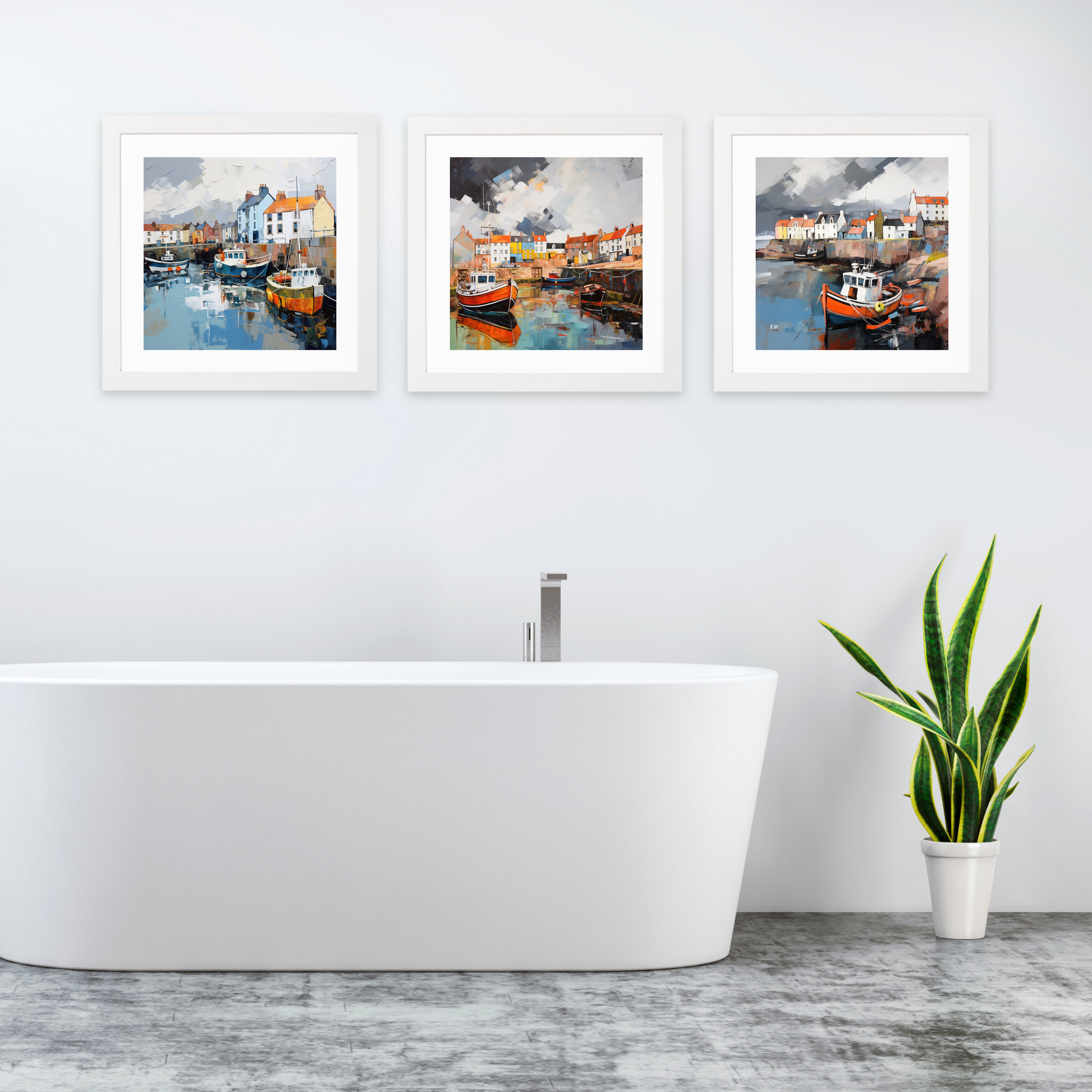 White frame variant of St Monans Harbour with a stormy sky