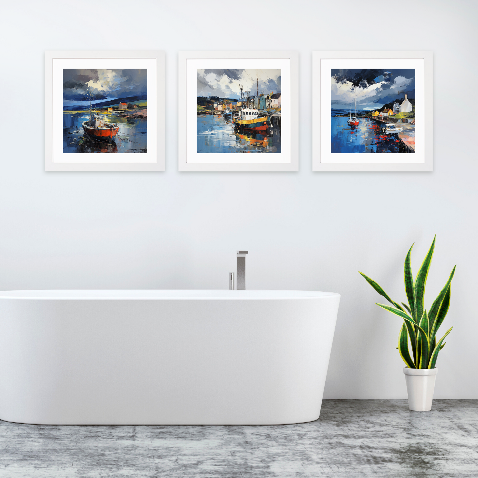 White frame variant of Cromarty Harbour with a stormy sky