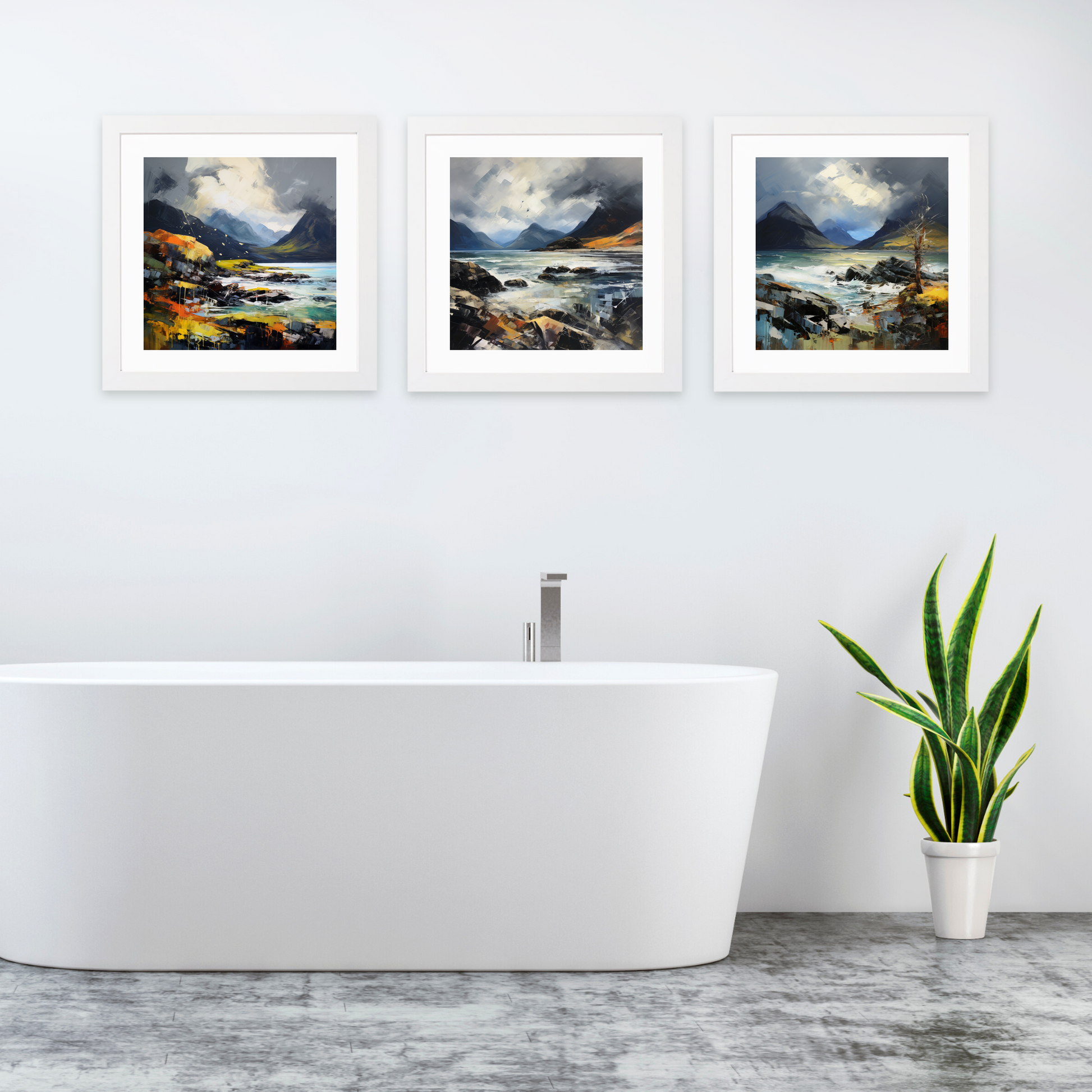 White frame variant of Elgol Bay with a stormy sky