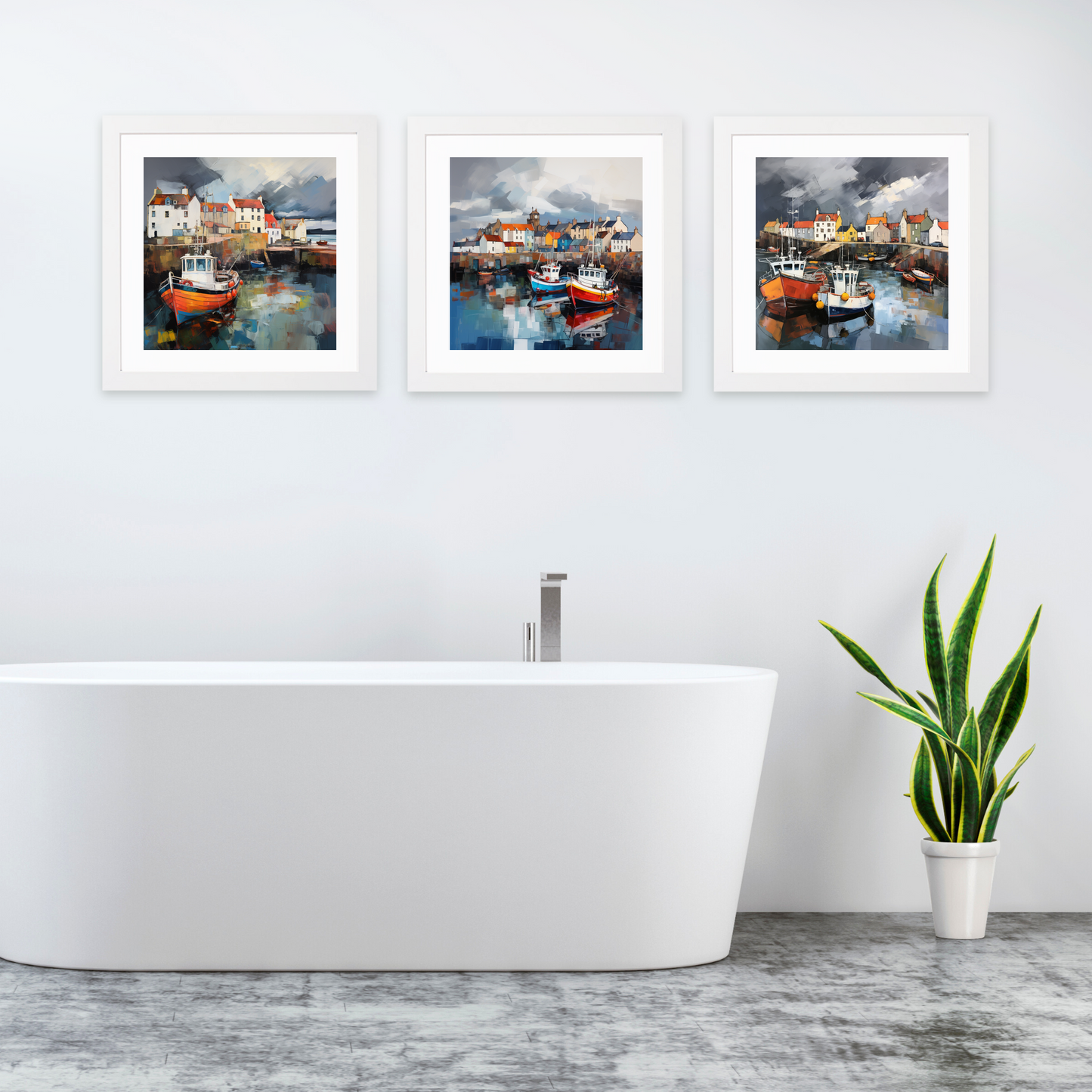 White frame variant of Pittenweem Harbour with a stormy sky