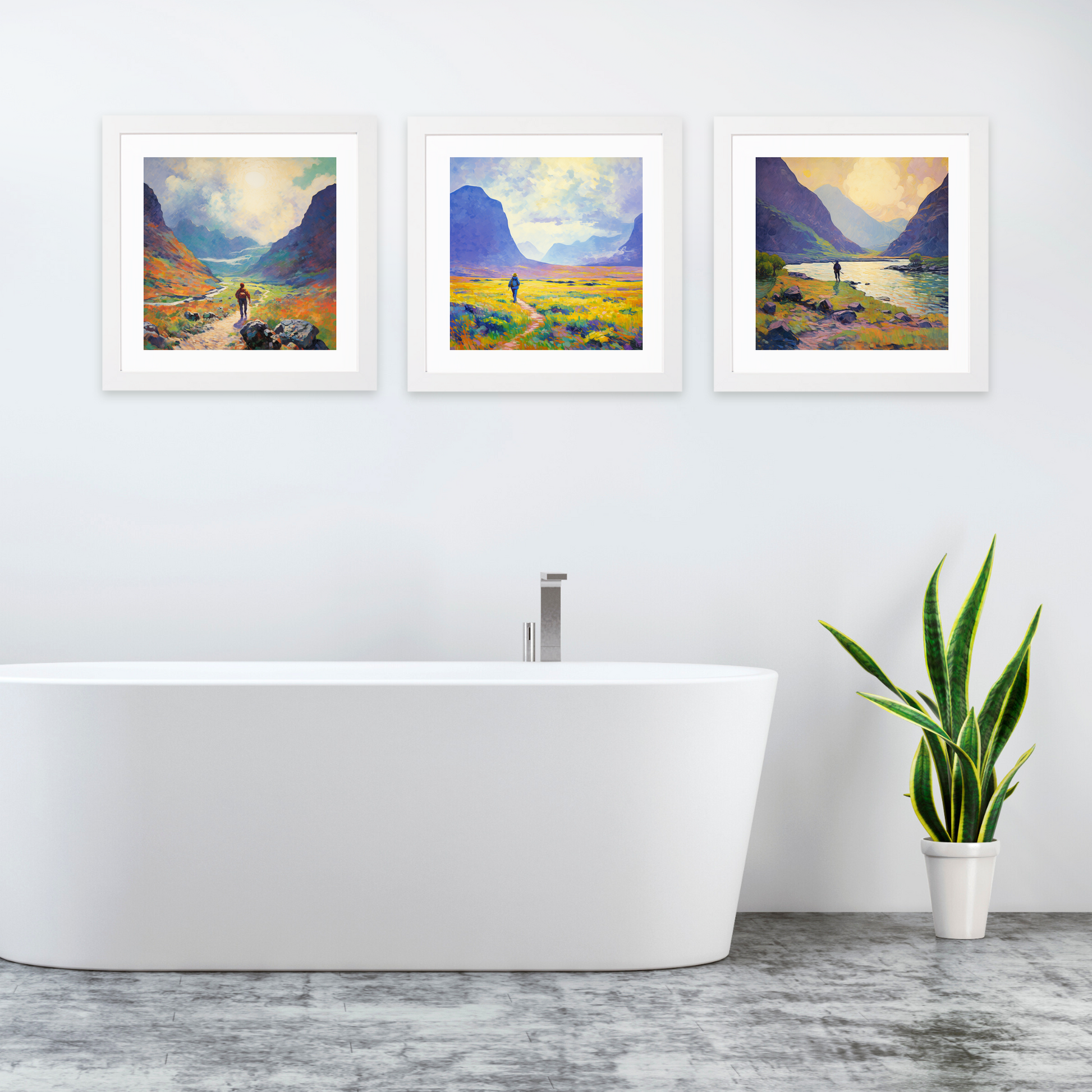 White frame variant of Lone hiker in Glencoe during summer