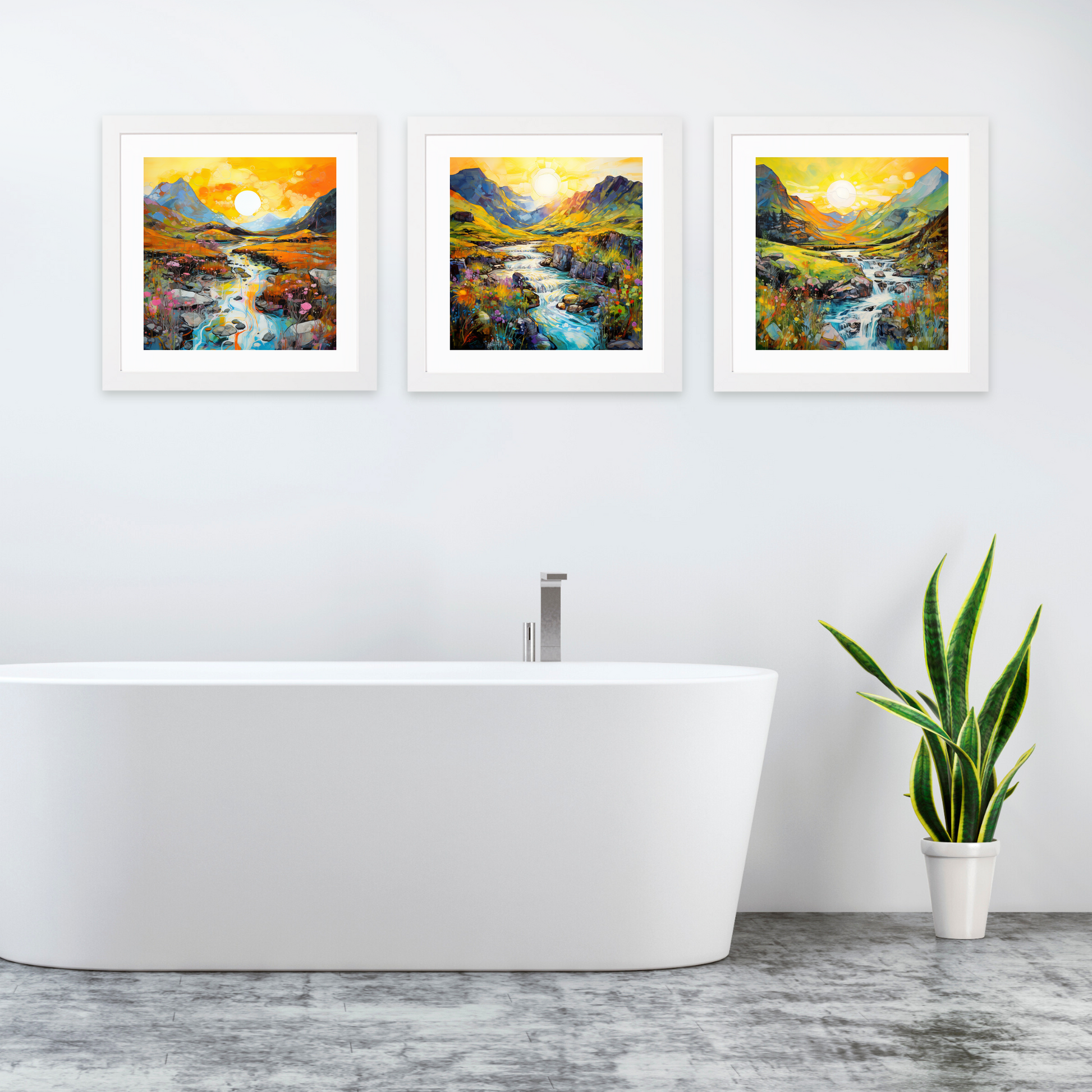 White frame variant of Isle of Skye Fairy Pools at golden hour in summer