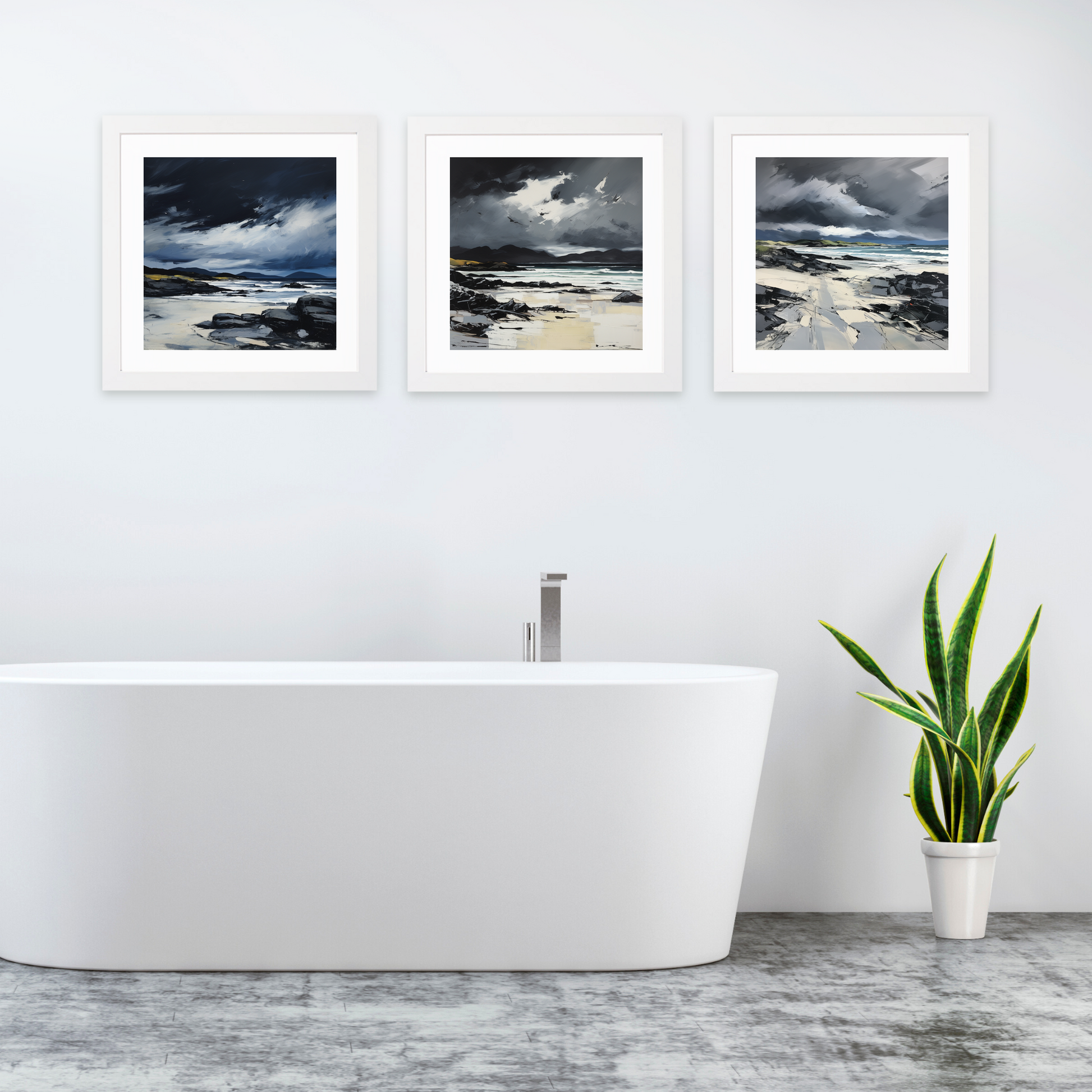 White frame variant of Camusdarach Beach with a stormy sky