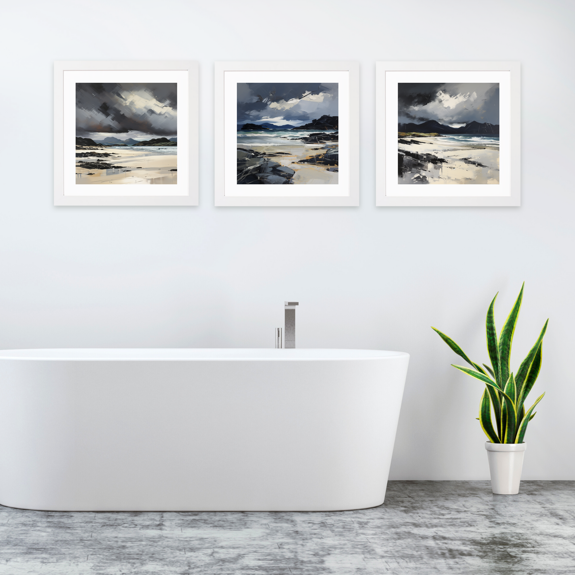 White frame variant of Mellon Udrigle Beach with a stormy sky