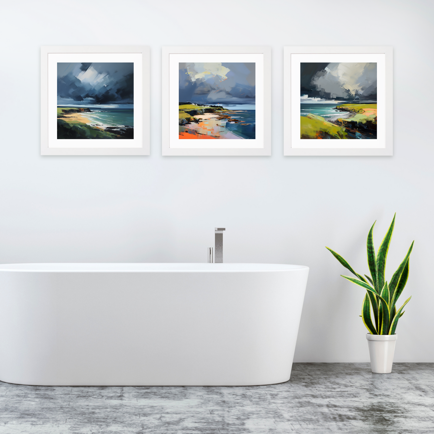 White frame variant of Coldingham Bay with a stormy sky