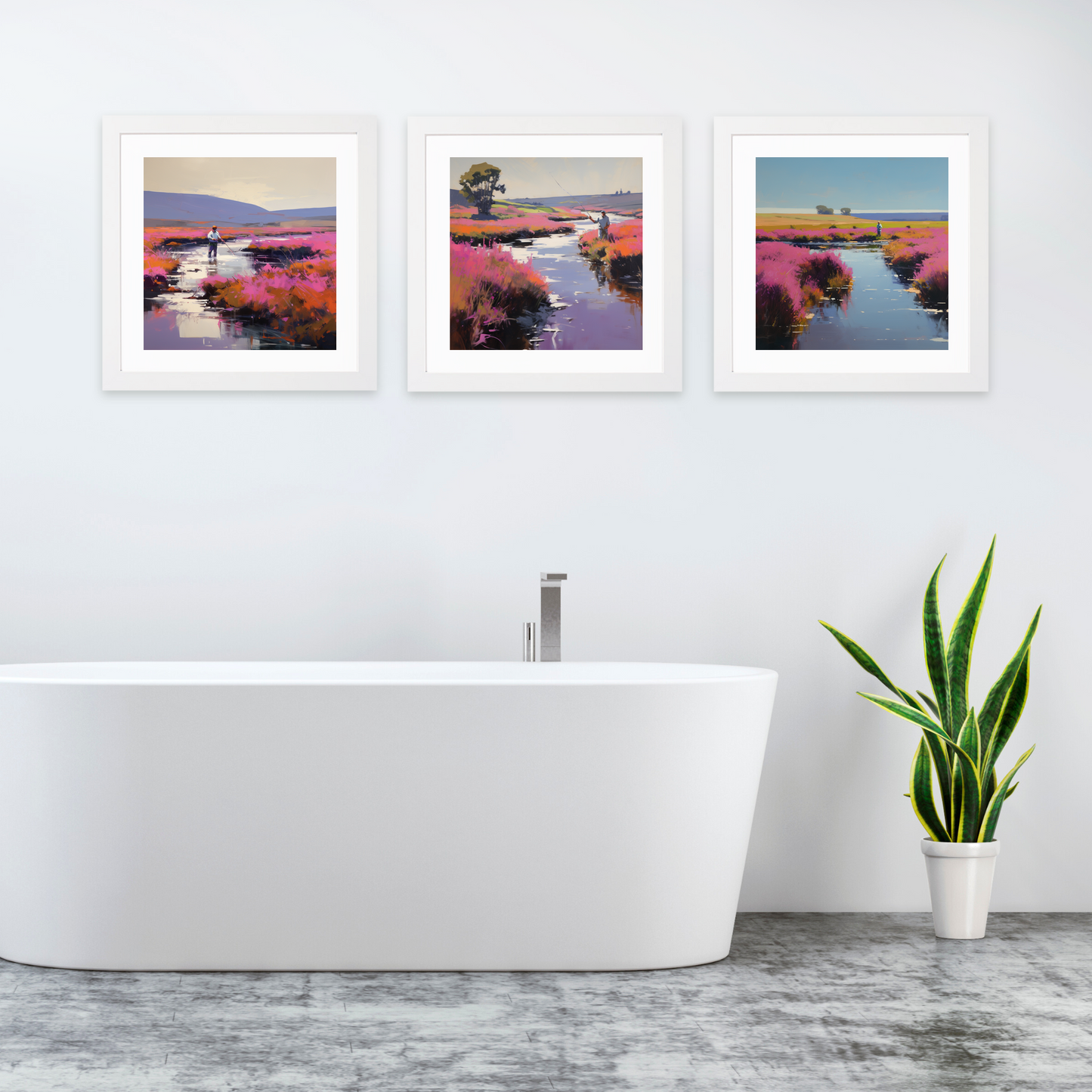 White frame variant of A man fly fishing as the heather blooms around the River Conon.