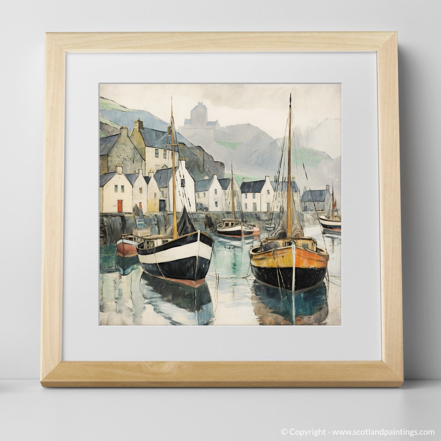 Enchanted Portree Harbour: A Naive Art Homage to Scottish Seaside Serenity