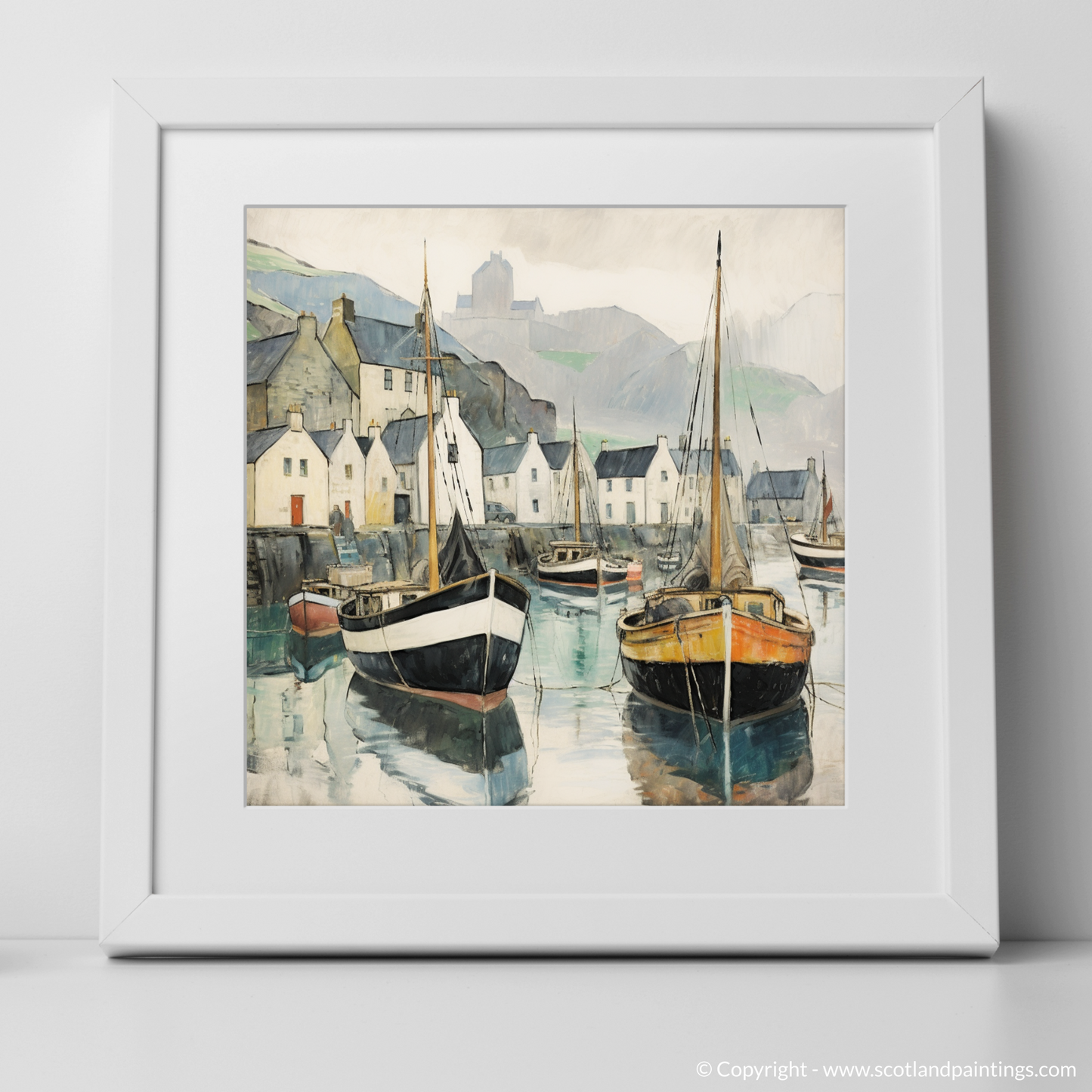 Enchanted Portree Harbour: A Naive Art Homage to Scottish Seaside Serenity