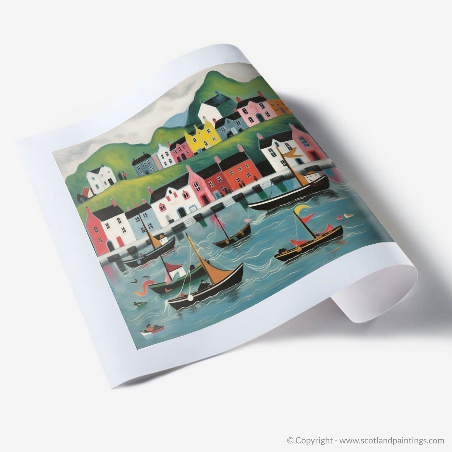 Portree Harbour Whimsy: A Naive Art Tribute to Isle of Skye's Seaside Charm