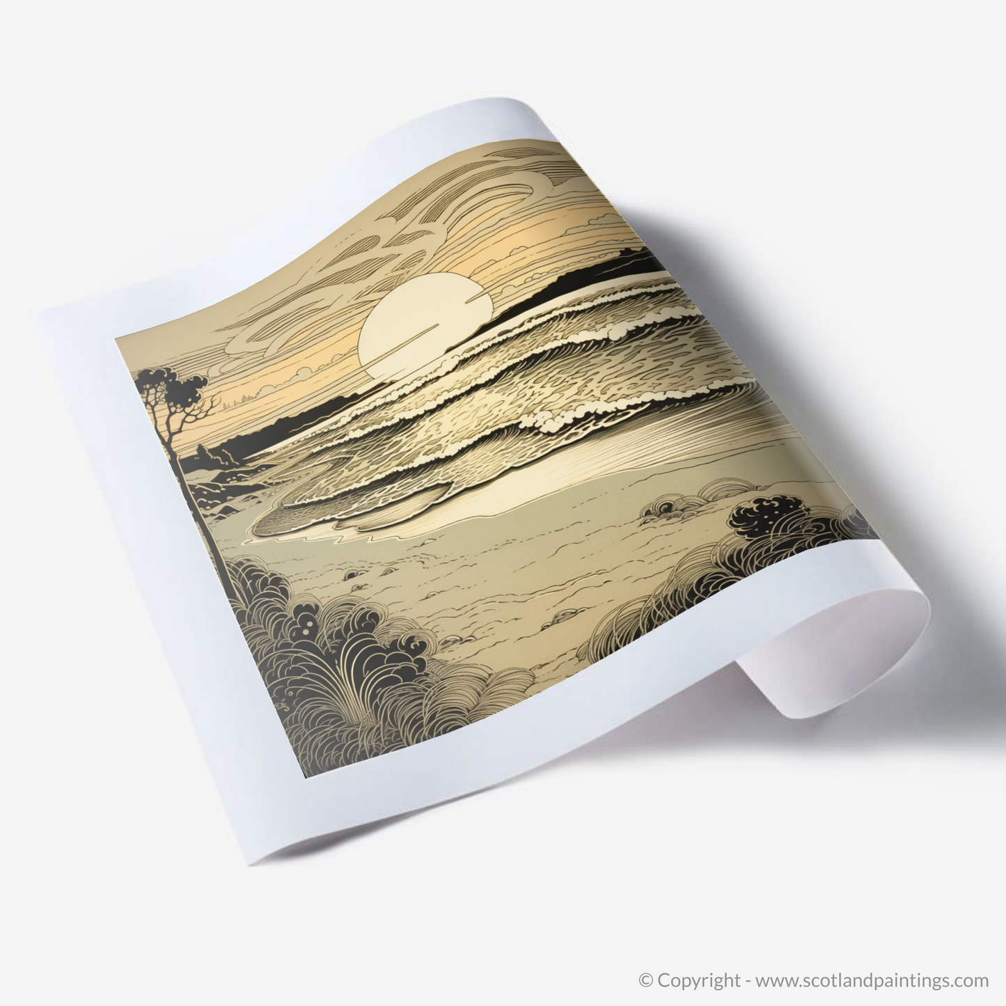 Golden Twilight Serenity: Nairn Beach Art Nouveau Inspired