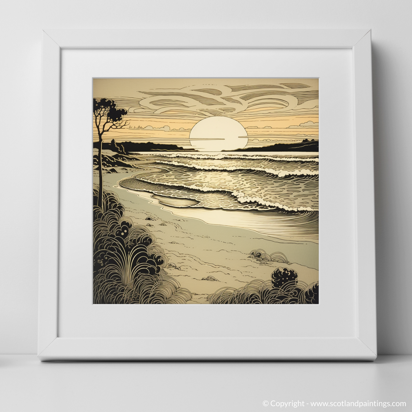 Golden Twilight Serenity: Nairn Beach Art Nouveau Inspired