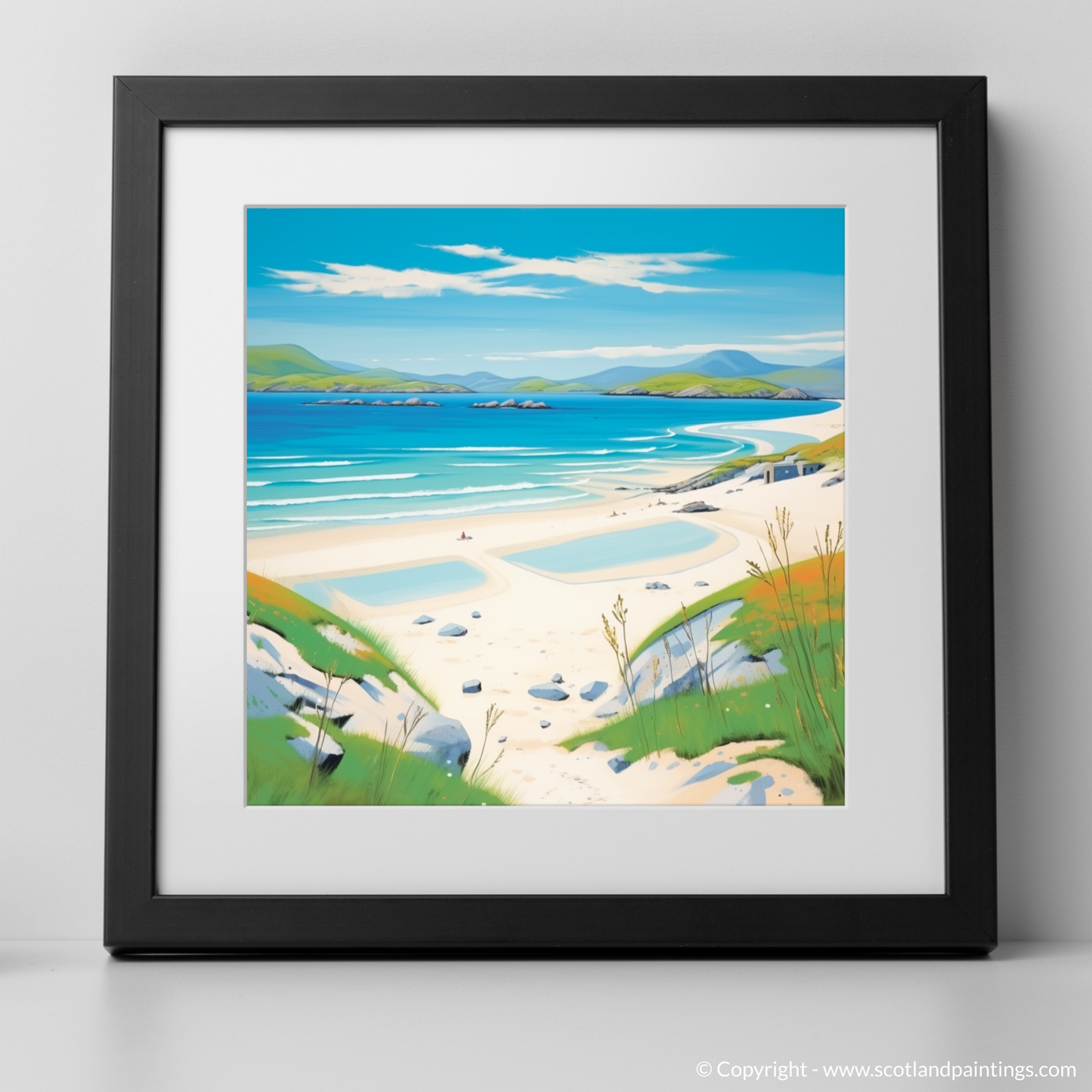 Scottish Shoreline Serenity: A Naive Art Tribute to Traigh Mhor, Isle of Barra