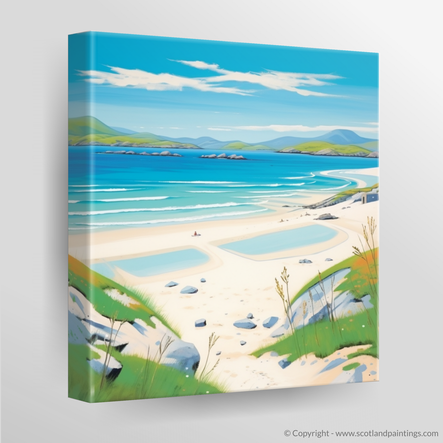 Scottish Shoreline Serenity: A Naive Art Tribute to Traigh Mhor, Isle of Barra