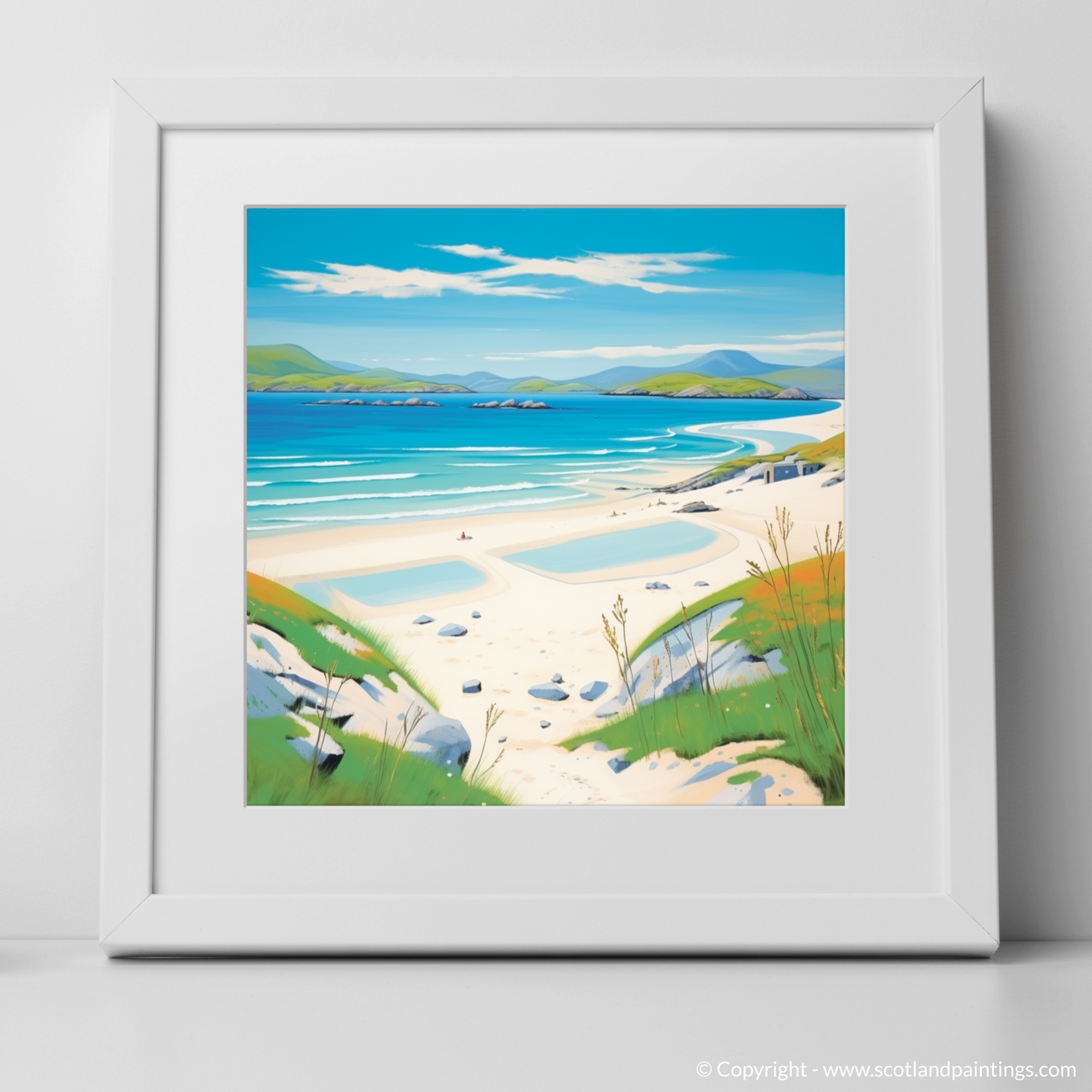 Scottish Shoreline Serenity: A Naive Art Tribute to Traigh Mhor, Isle of Barra