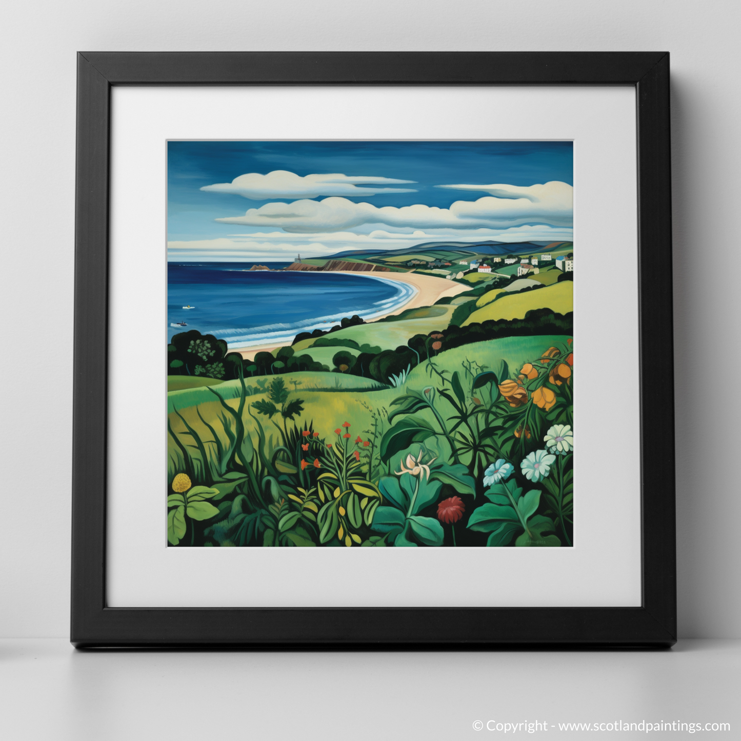 Coldingham Bay Enchantment: A Naive Art Homage to Scottish Seaside Splendor