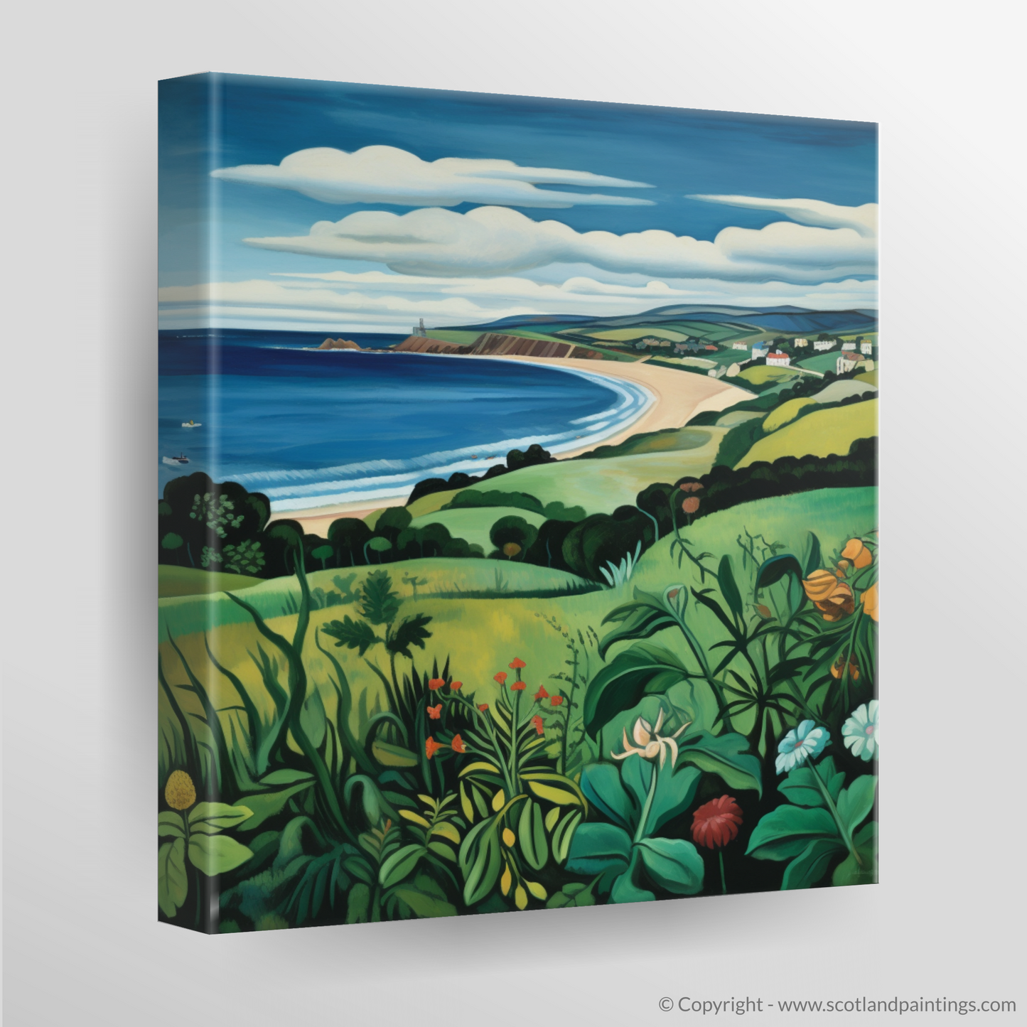 Coldingham Bay Enchantment: A Naive Art Homage to Scottish Seaside Splendor