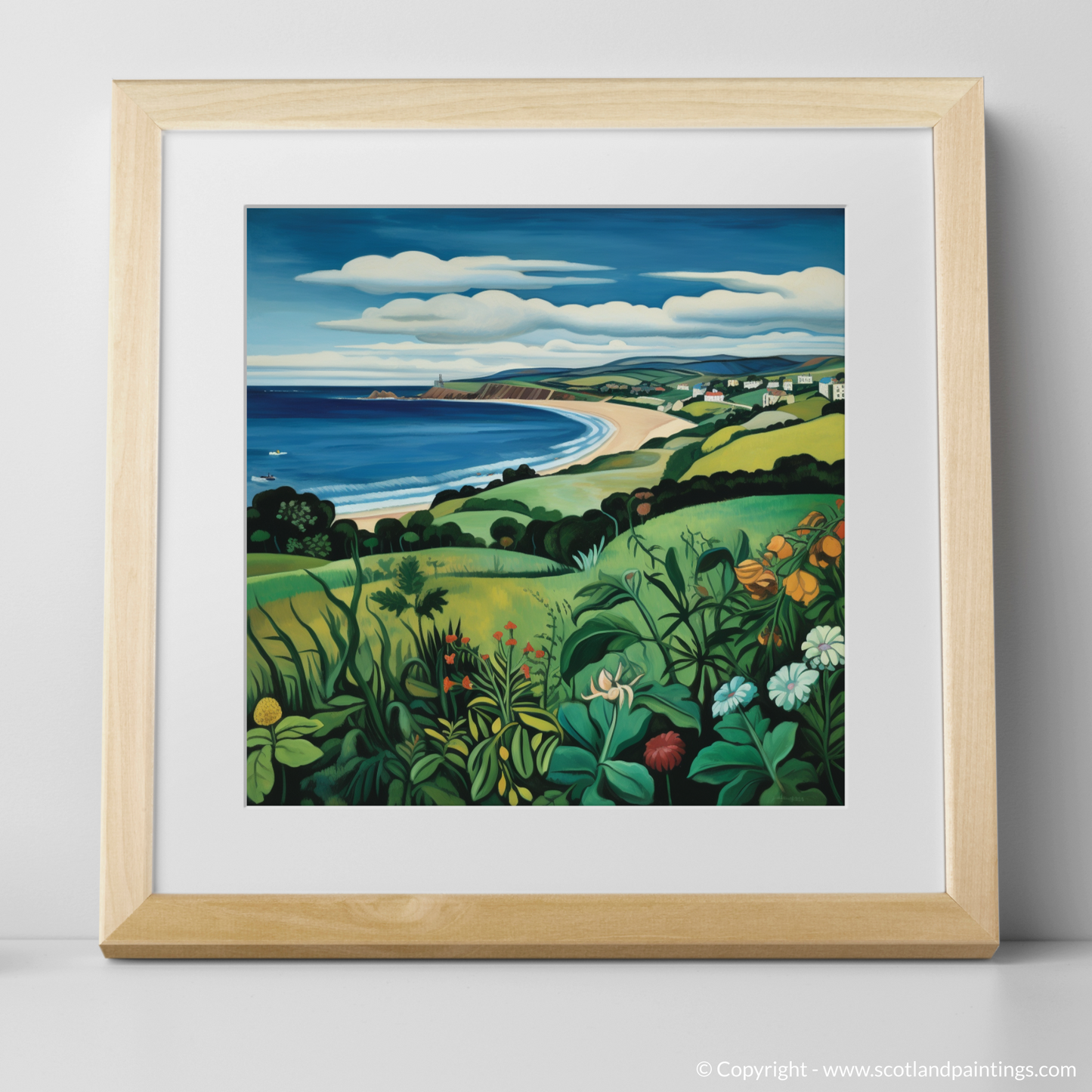 Coldingham Bay Enchantment: A Naive Art Homage to Scottish Seaside Splendor