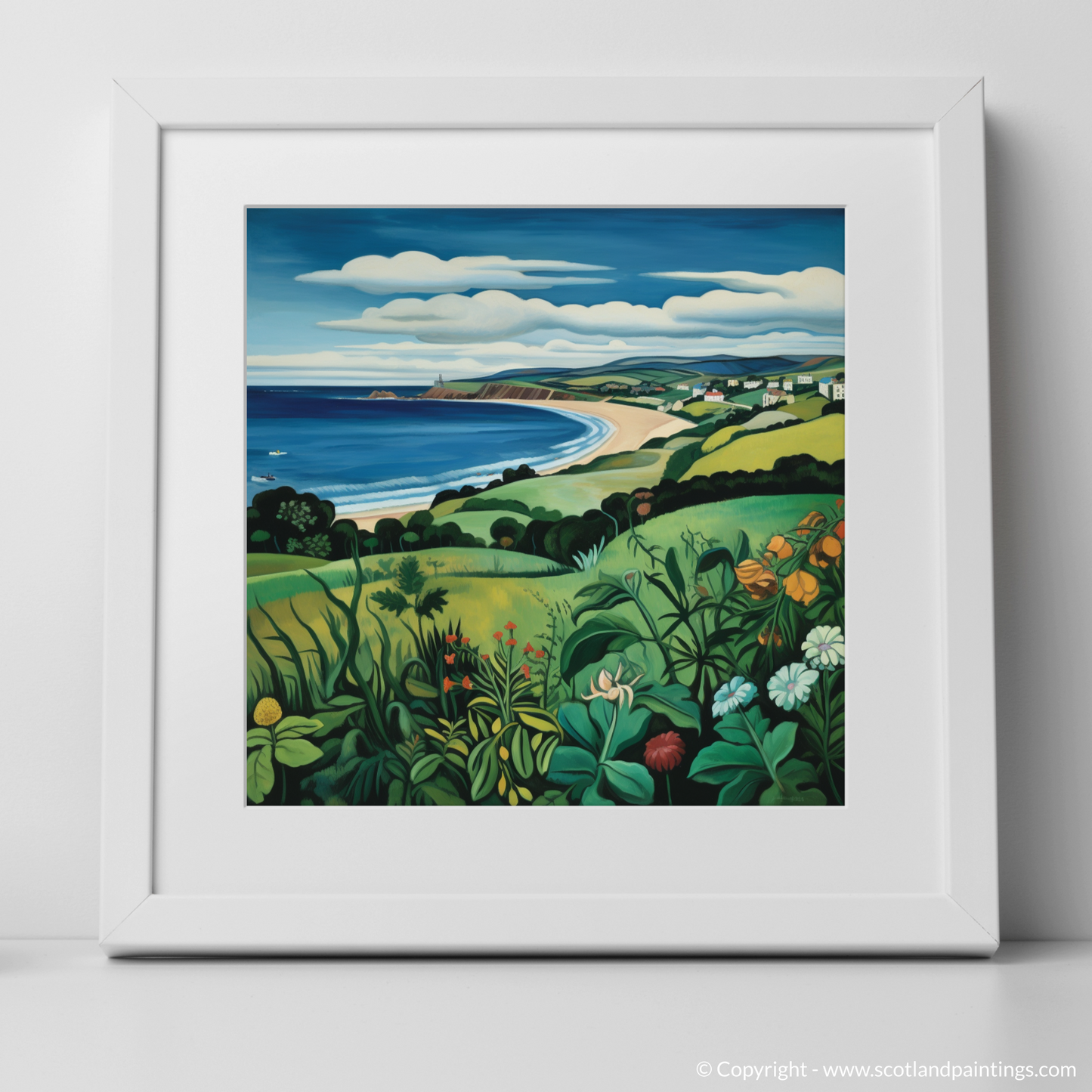 Coldingham Bay Enchantment: A Naive Art Homage to Scottish Seaside Splendor