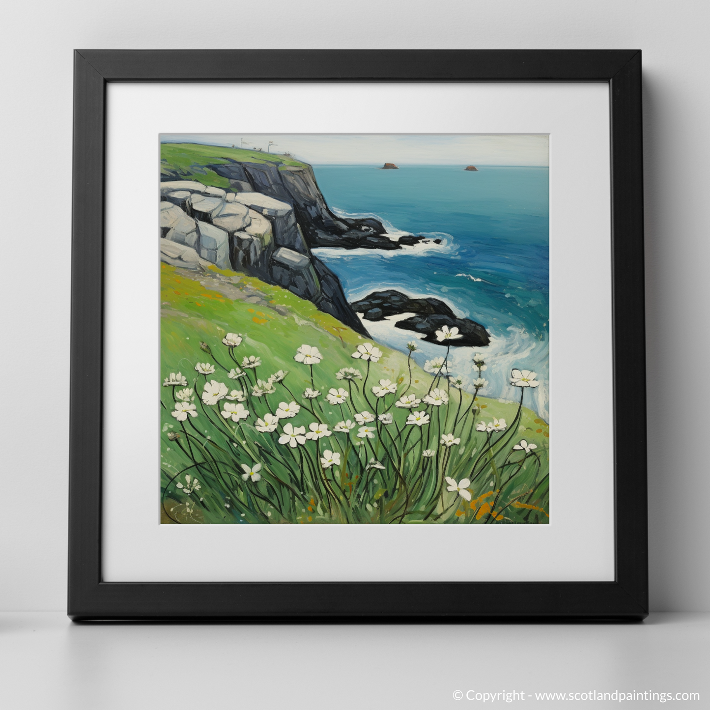 Sea Campion on the Cliffs of Cape Wrath: A Naive Art Homage to Scottish Coastal Splendor