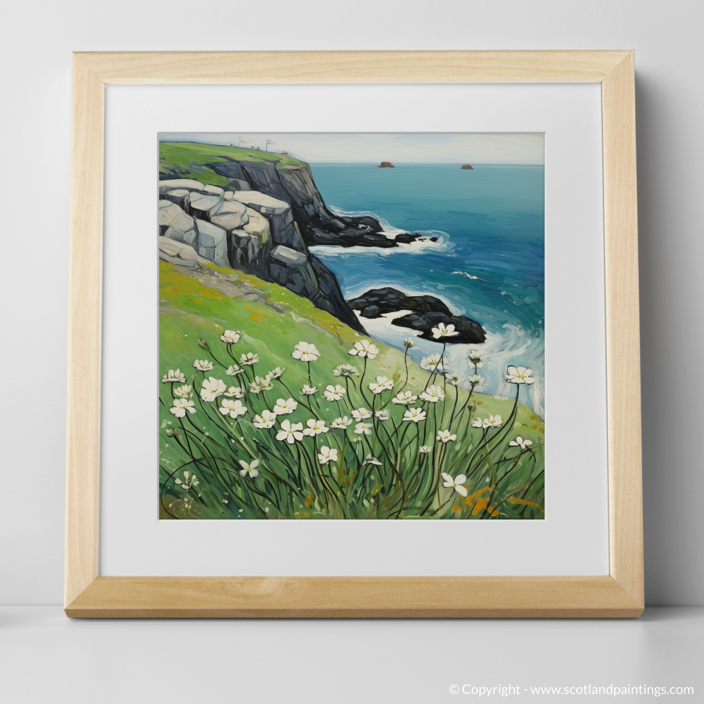 Sea Campion on the Cliffs of Cape Wrath: A Naive Art Homage to Scottish Coastal Splendor