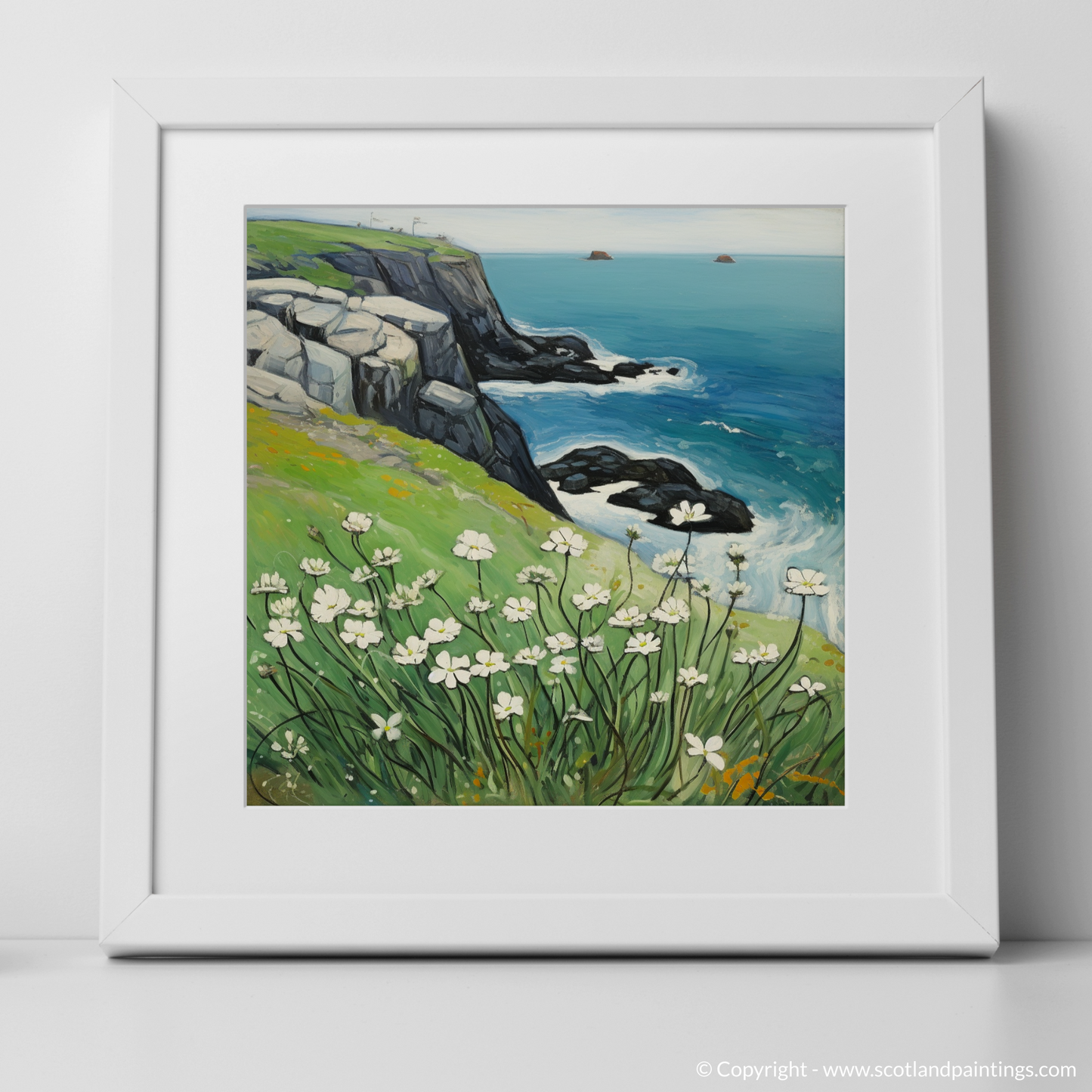 Sea Campion on the Cliffs of Cape Wrath: A Naive Art Homage to Scottish Coastal Splendor