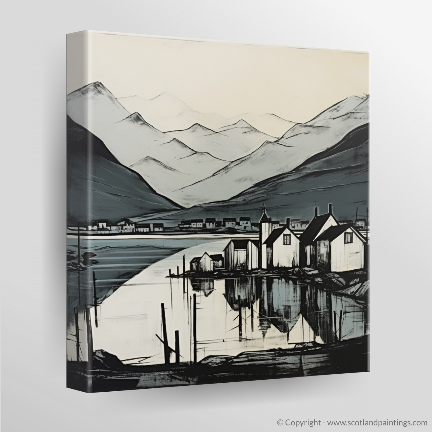 Painting and Art Print of Fort William, Highlands. Fort William Reflections: Highland Serenity in Monochrome.