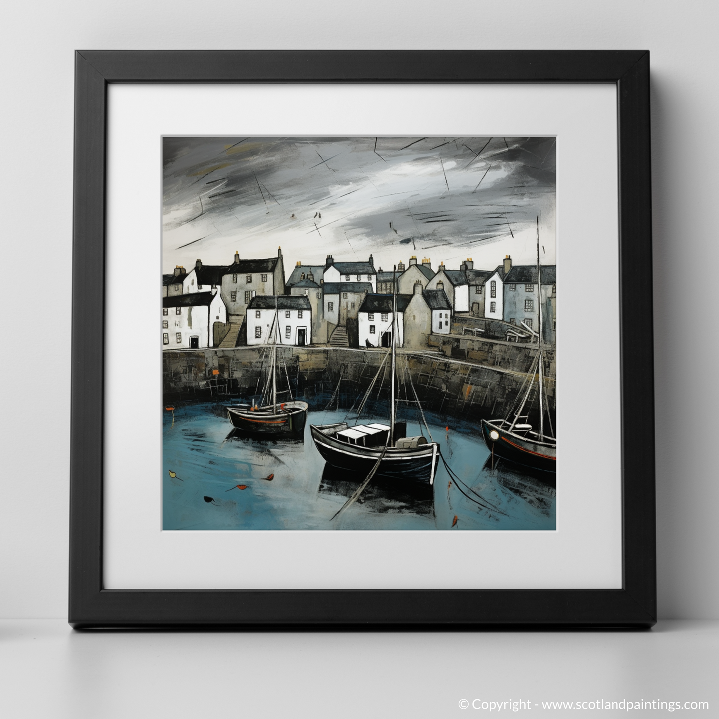 Painting and Art Print of Portsoy Harbour with a stormy sky. Stormy Skies Over Portsoy Harbour.